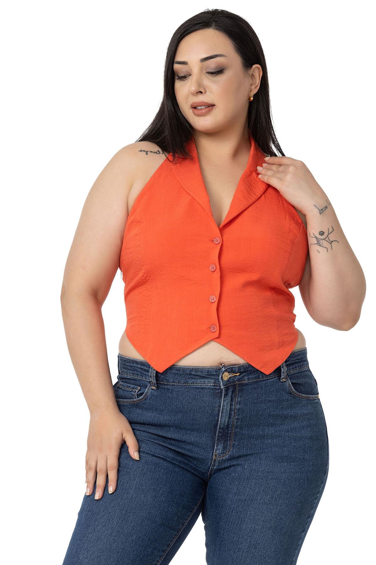 TEK KALANLARBüyük Beden Gömlek Yaka Sırtı Gipeli ve Astarlı Mini Oranj YelekDISENTIS MODESTBüyük Beden Gömlek Yaka Sırtı Gipeli ve Astarlı Mini Oranj Yelek