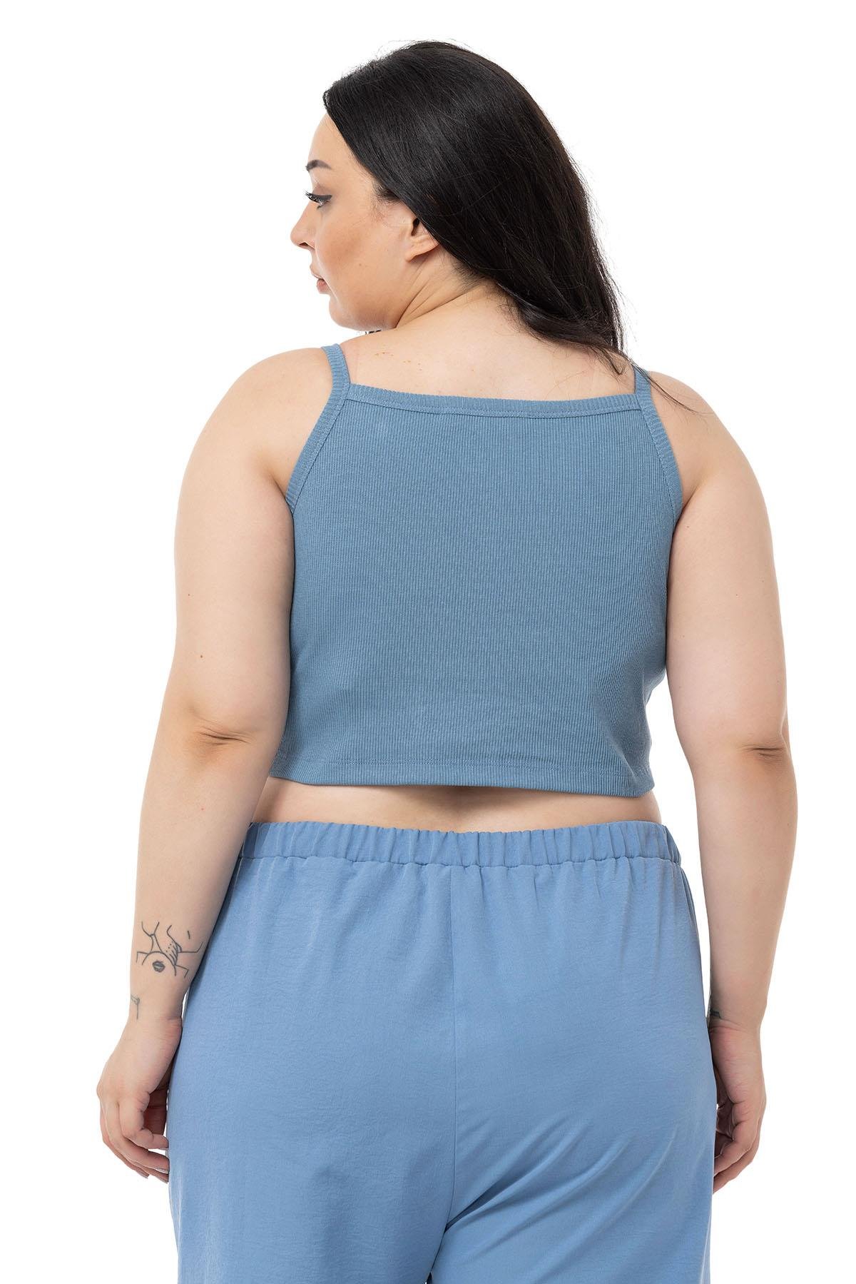 TEK KALANLARDisentis Modest İp Askılı Fitilli Kaşkorse Mavi CropDISENTIS MODESTBüyük Beden İp Askılı Fitilli Kaşkorse Mavi Crop