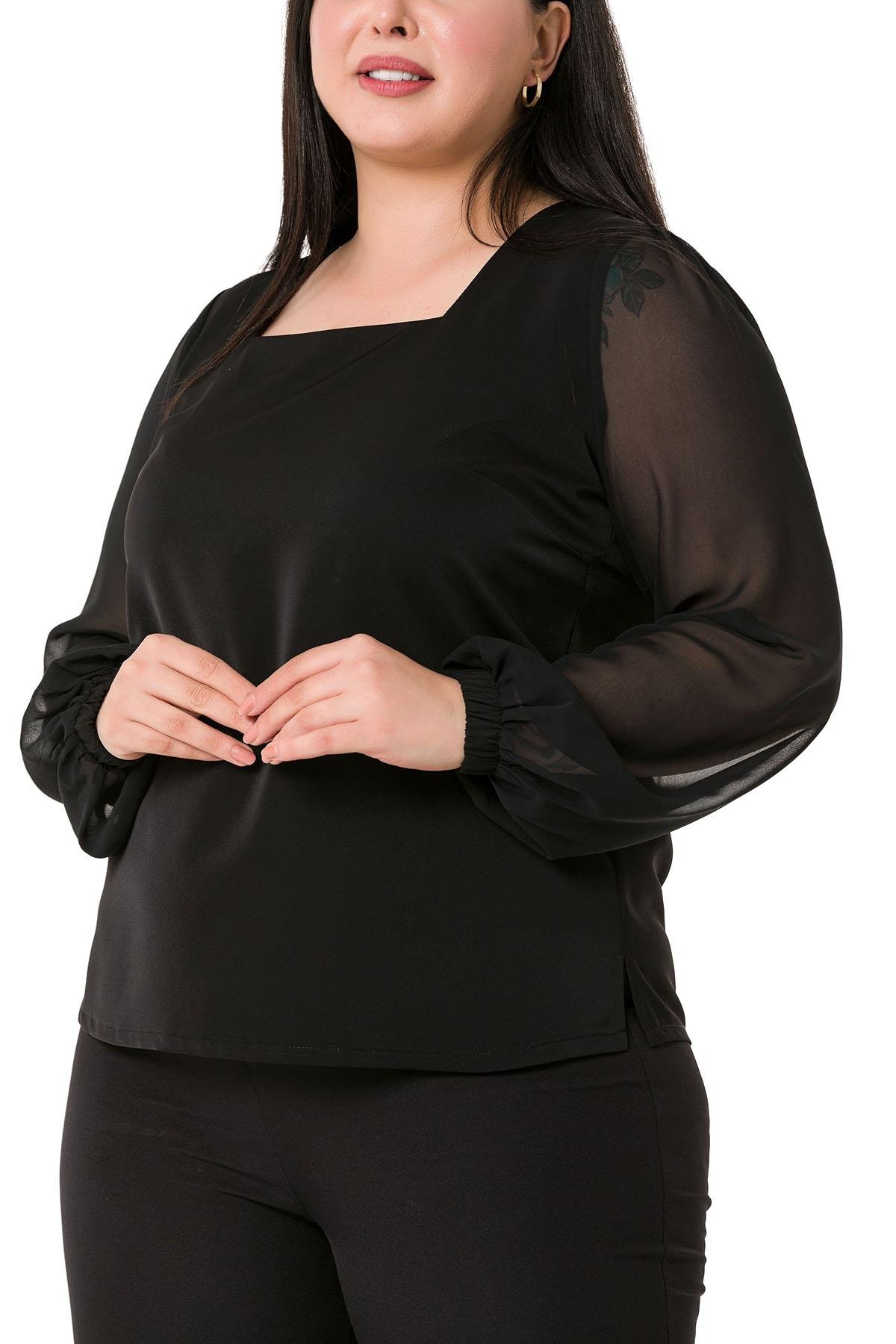 TEK KALANLARBüyük Beden Kare Yaka Kolları Şifon Yanları Yırtmaçlı Siyah Saten BluzDISENTIS MODESTBüyük Beden Kare Yaka Kolları Şifon Yanları Yırtmaçlı Siyah Saten Bluz