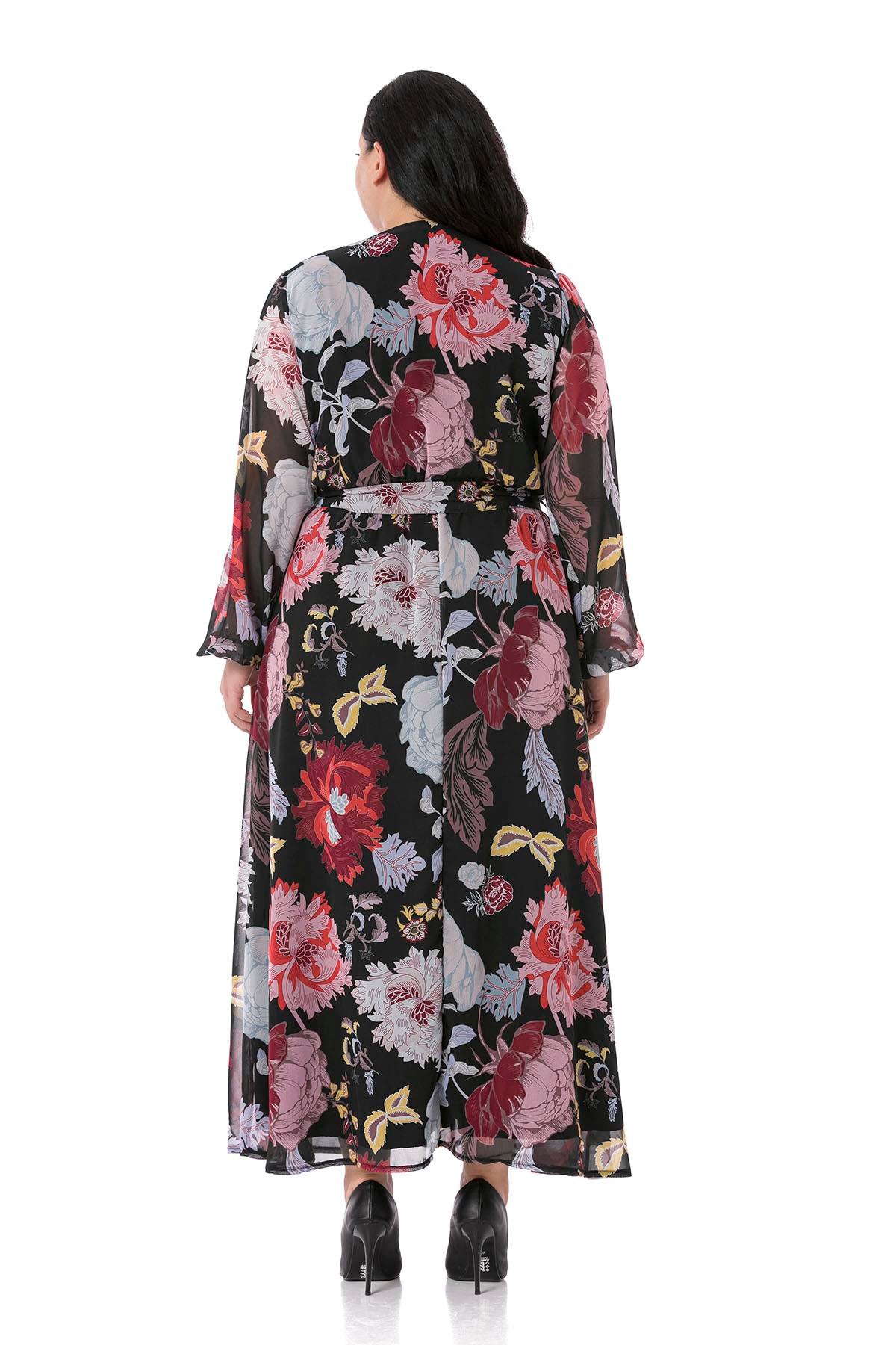 TEK KALANLARBüyük Beden Kruvaze Yaka Astarlı Beli Lastikli ve Kuşaklı Maksi Boy Çiçek Desenli Siyah Şifon ElbiseDISENTIS MODESTBüyük Beden Kruvaze Yaka Astarlı Beli Lastikli ve Kuşaklı Maksi Boy Çiçek Desenli Siyah Şifon Elbise