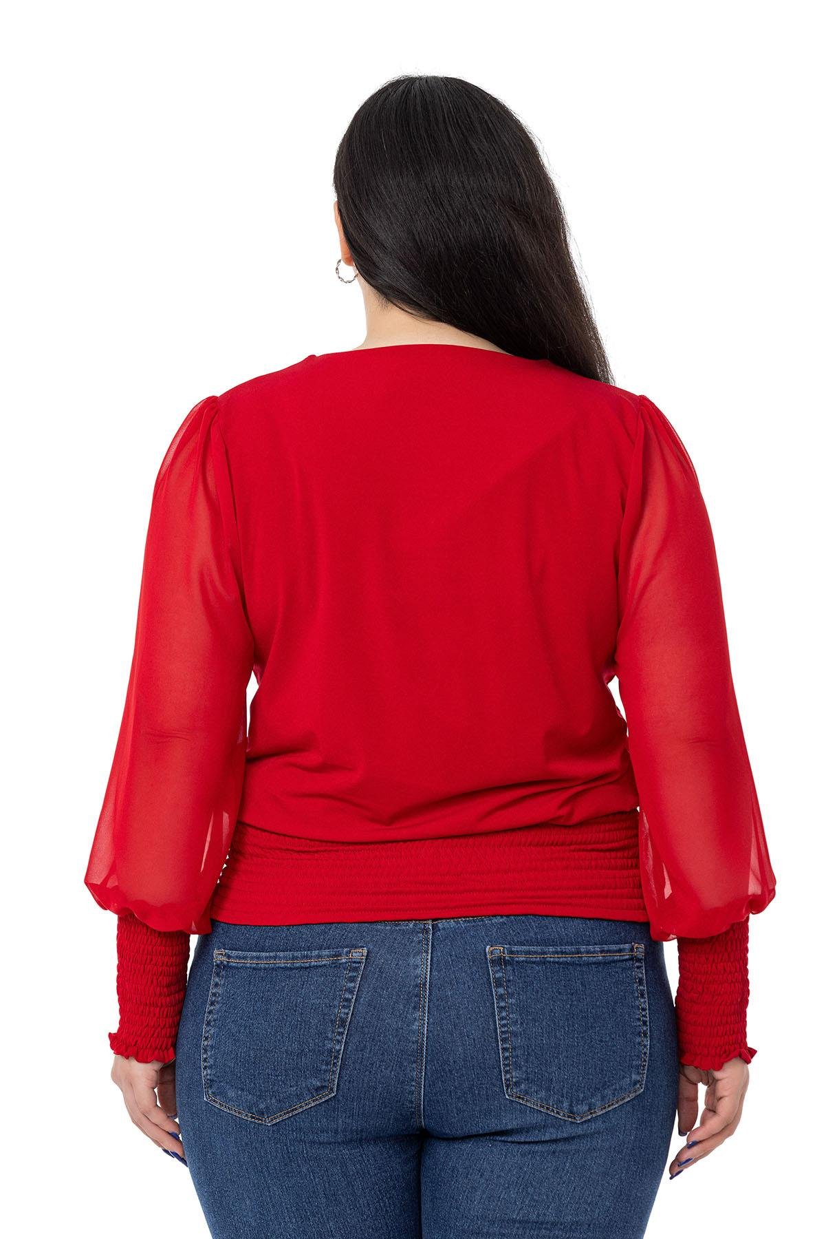 TEK KALANLARBüyük Beden V Yaka Kolları Şifon Beli ve Kol Ağzı Gipeli Kırmızı BluzDISENTIS MODESTBüyük Beden V Yaka Kolları Şifon Beli ve Kol Ağzı Gipeli Kırmızı Bluz