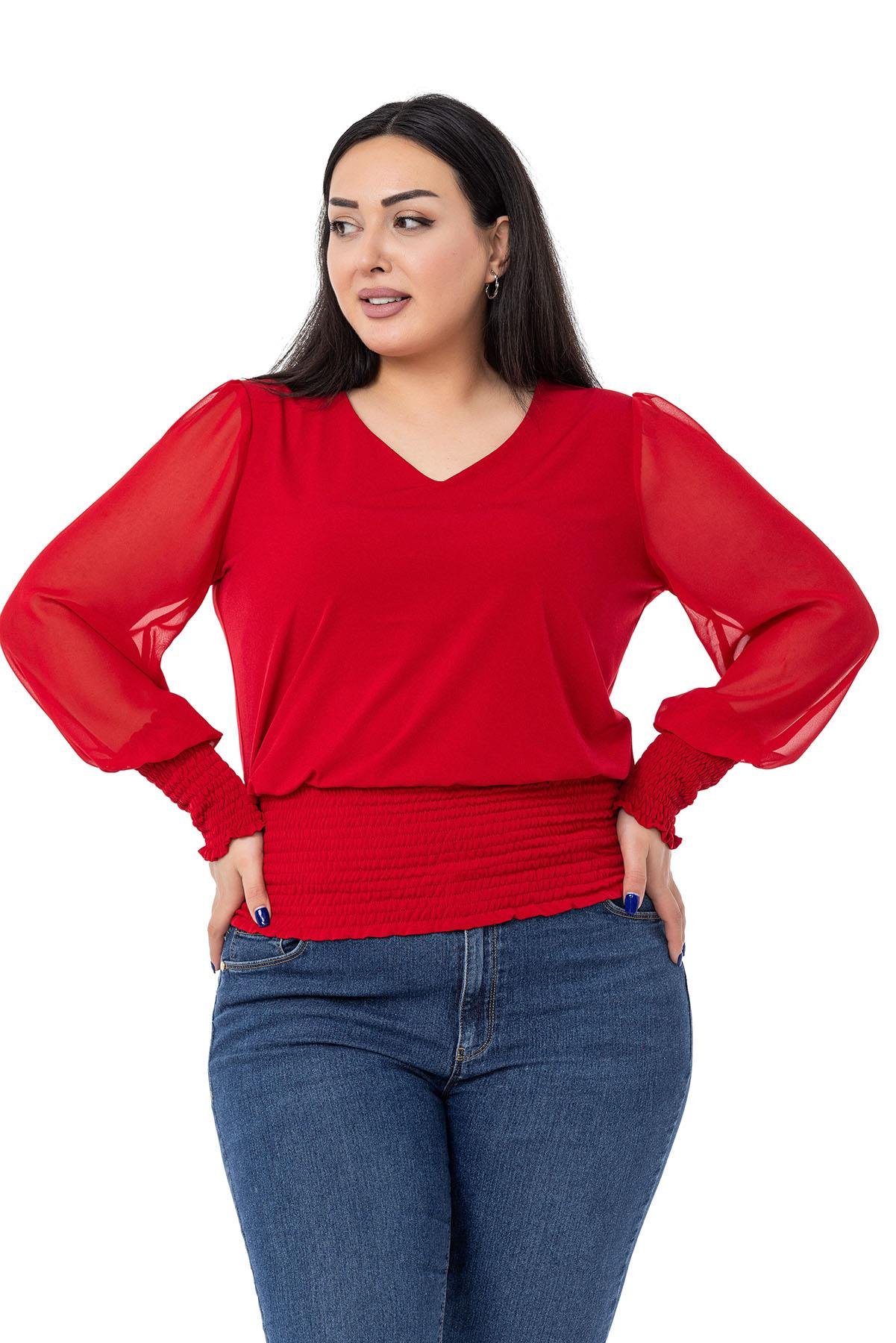 TEK KALANLARBüyük Beden V Yaka Kolları Şifon Beli ve Kol Ağzı Gipeli Kırmızı BluzDISENTIS MODESTBüyük Beden V Yaka Kolları Şifon Beli ve Kol Ağzı Gipeli Kırmızı Bluz