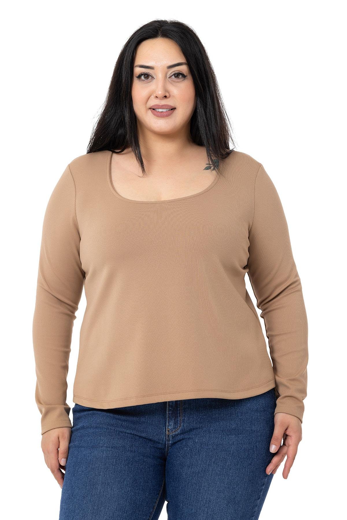TopDISENTIS,BÜYÜK BEDEN, BIG SIZE, GENÇ BÜYÜK BEDEN, BODY, ŞARDONLU BODYDISENTIS MODESTBüyük Beden İçi Şardonlu Uzun Kollu Fitilli Bej Body