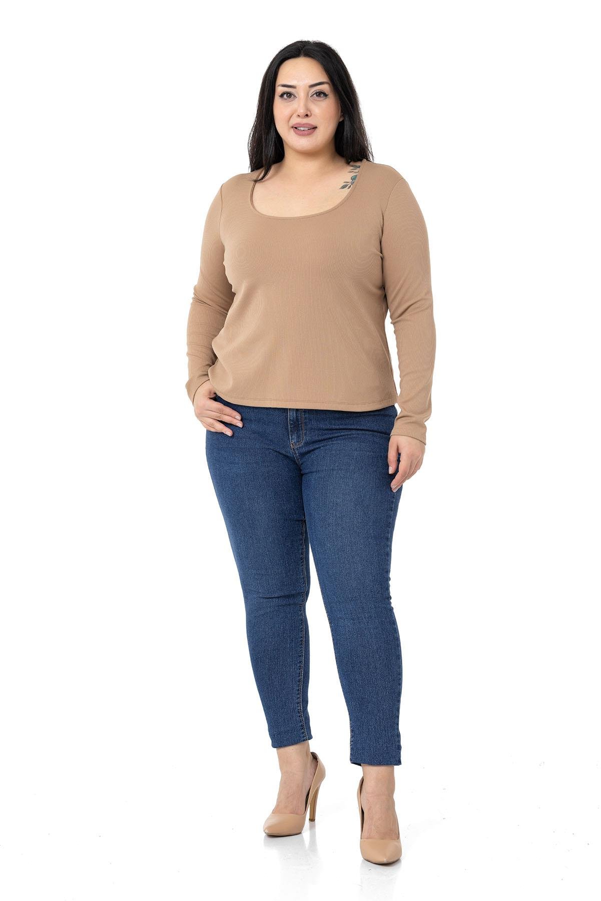 TopDISENTIS,BÜYÜK BEDEN, BIG SIZE, GENÇ BÜYÜK BEDEN, BODY, ŞARDONLU BODYDISENTIS MODESTBüyük Beden İçi Şardonlu Uzun Kollu Fitilli Bej Body