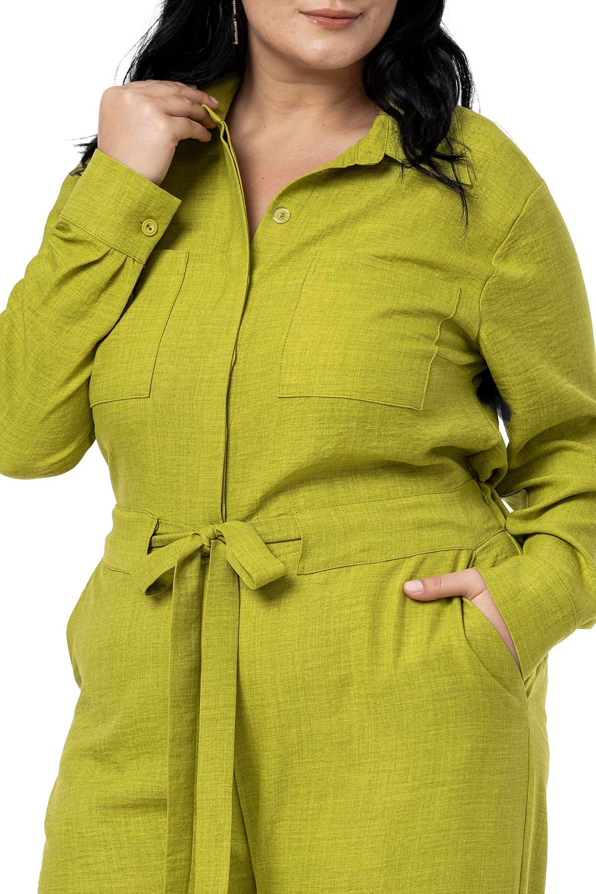 TULUMDisentis Modest Büyük Beden Beli Tünelli ve Arkadan Lastikli Geniş Paça Fıstık Yeşili TulumDISENTIS MODESTBüyük Beden Beli Tünelli ve Arkadan Lastikli Geniş Paça Fıstık Yeşili Tulum