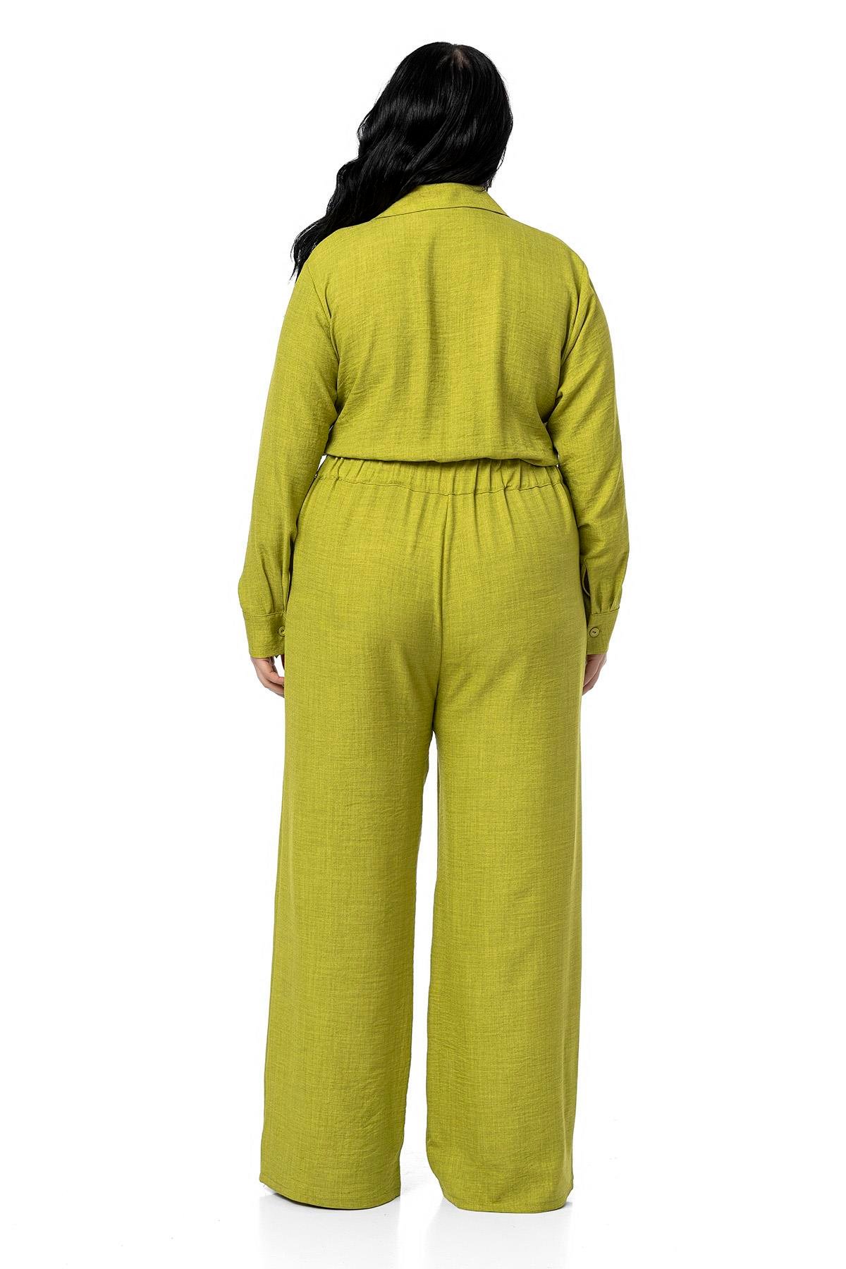 TULUMDisentis Modest Büyük Beden Beli Tünelli ve Arkadan Lastikli Geniş Paça Fıstık Yeşili TulumDISENTIS MODESTBüyük Beden Beli Tünelli ve Arkadan Lastikli Geniş Paça Fıstık Yeşili Tulum