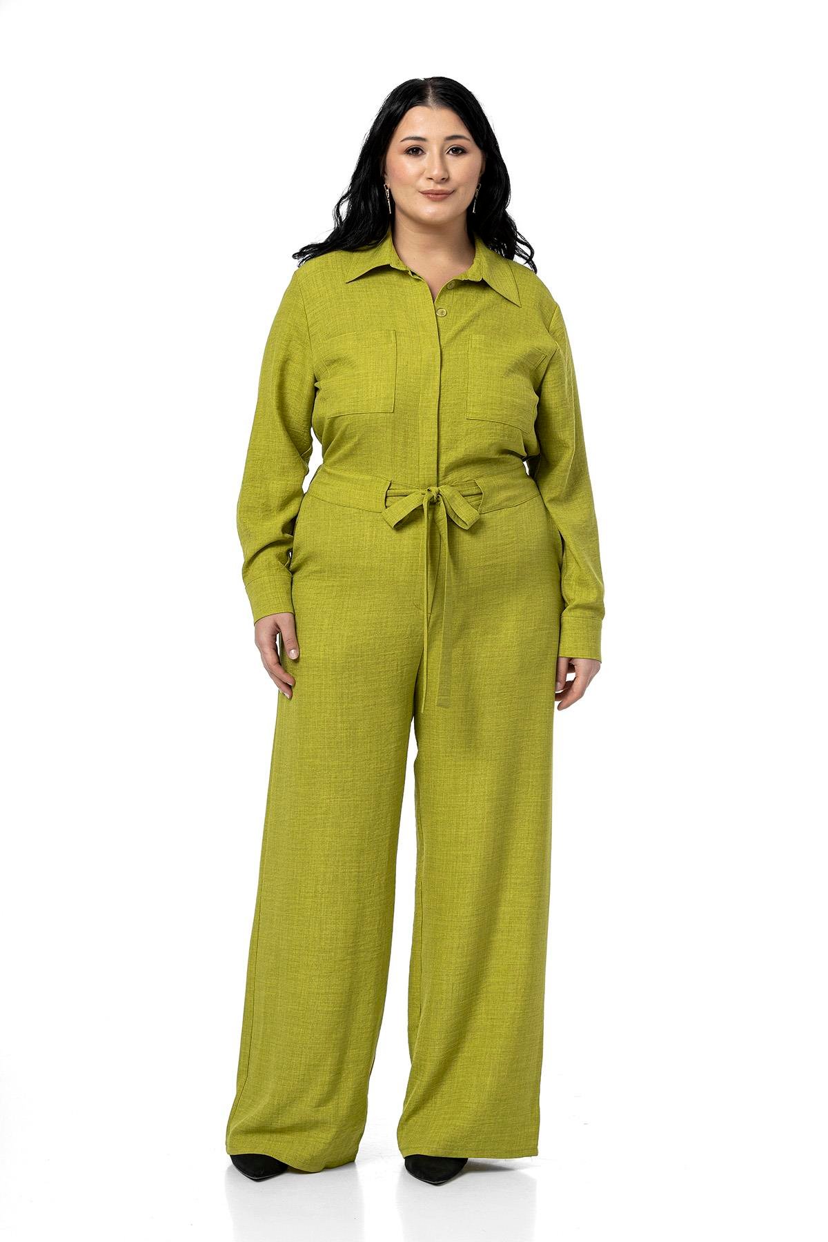 TULUMDisentis Modest Büyük Beden Beli Tünelli ve Arkadan Lastikli Geniş Paça Fıstık Yeşili TulumDISENTIS MODESTBüyük Beden Beli Tünelli ve Arkadan Lastikli Geniş Paça Fıstık Yeşili Tulum