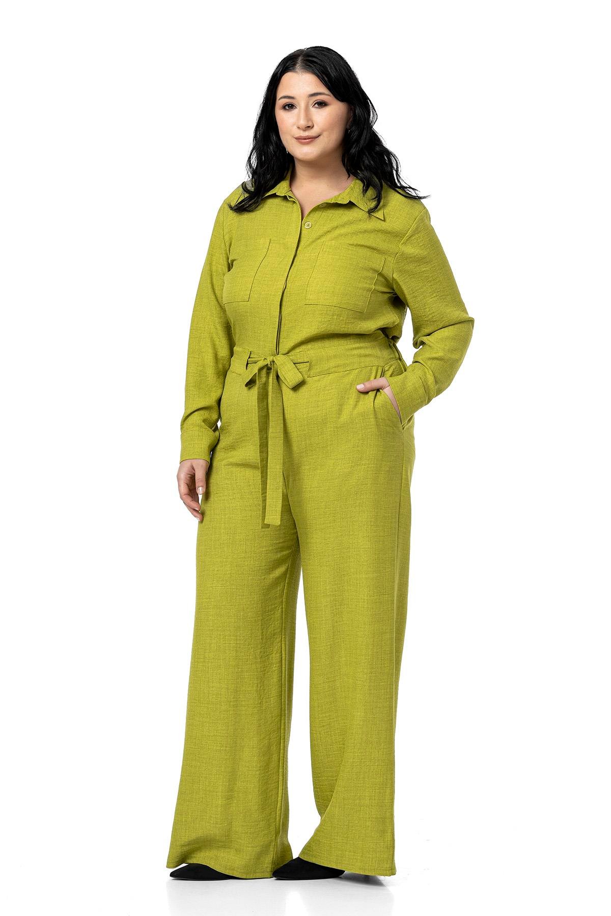 TULUMDisentis Modest Büyük Beden Beli Tünelli ve Arkadan Lastikli Geniş Paça Fıstık Yeşili TulumDISENTIS MODESTBüyük Beden Beli Tünelli ve Arkadan Lastikli Geniş Paça Fıstık Yeşili Tulum