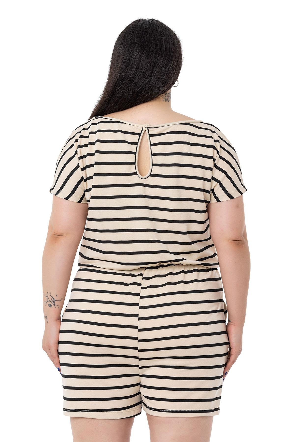 TulumDISENTIS MODEST GENC BUYUK BEDEN SORT TULUMDISENTIS MODESTBüyük Beden Düşük Kollu Beli Lastikli Cepli Siyah Çizgili Şort Tulum