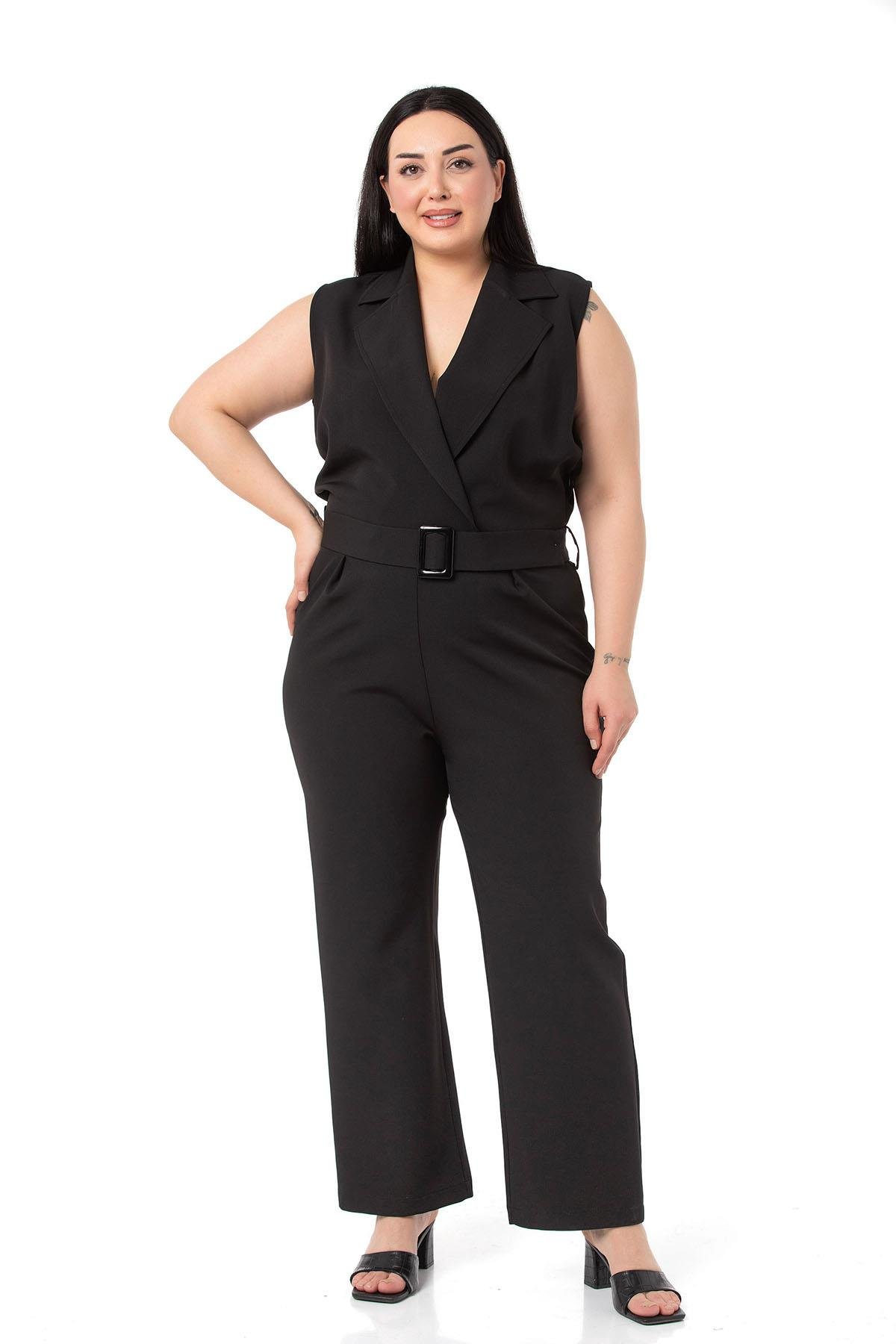 TulumDISENTIS MODEST GENC BUYUK BEDEN KRUVAZE TULUMDISENTIS MODESTBüyük Beden Kruvaze Beli Lastikli Fermuar Kapamalı Kemerli Siyah Tulum