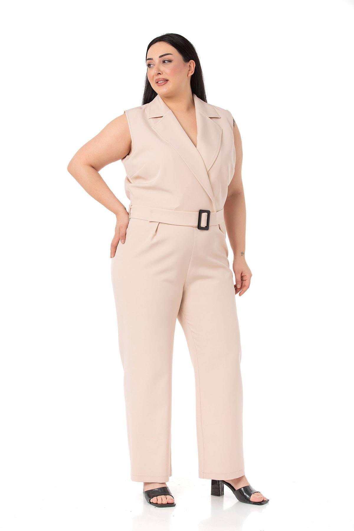 TulumDISENTIS MODEST GENC BUYUK BEDEN KRUVAZE TULUMDISENTIS MODESTBüyük Beden Kruvaze Beli Lastikli Fermuar Kapamalı Kemerli Bej Rengi Tulum