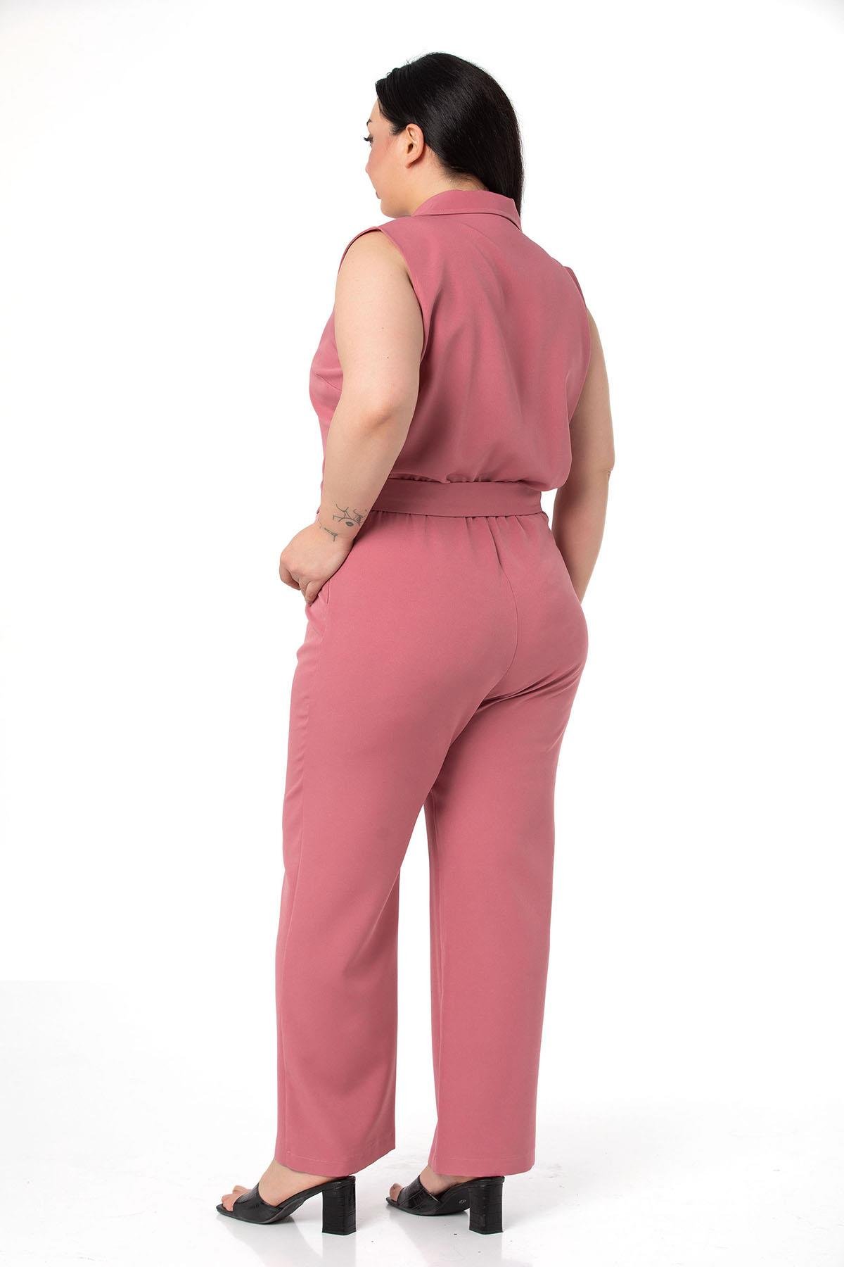 Jump suitsDISENTIS MODEST GENC BUYUK BEDEN KRUVAZE TULUMDISENTIS MODESTBüyük Beden Kruvaze Beli Lastikli Fermuar Kapamalı Kemerli Gül Kurusu Tulum