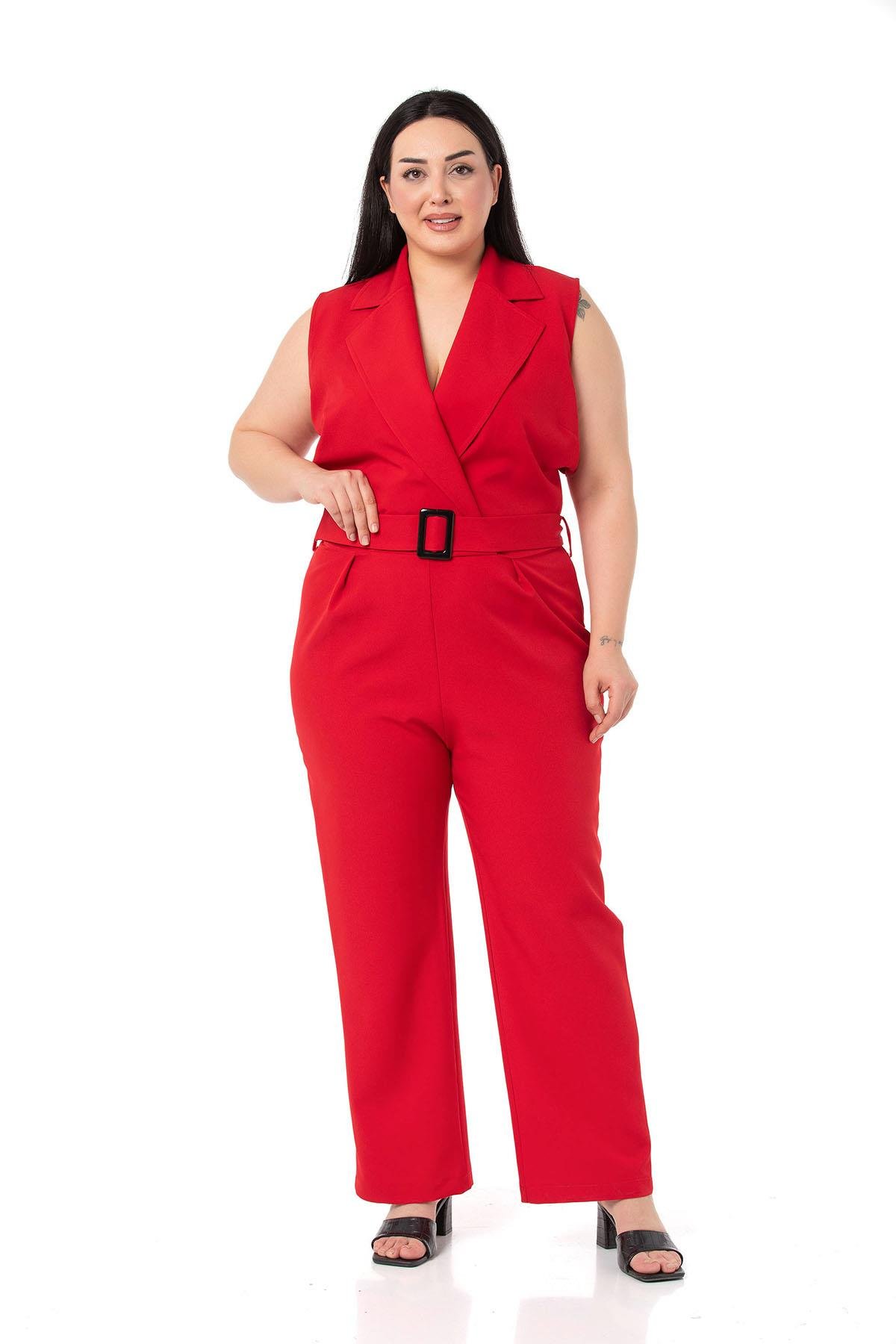 TulumDISENTIS MODEST GENC BUYUK BEDEN KRUVAZE TULUMDISENTIS MODESTBüyük Beden Kruvaze Beli Lastikli Fermuar Kapamalı Kemerli Kırmızı Tulum