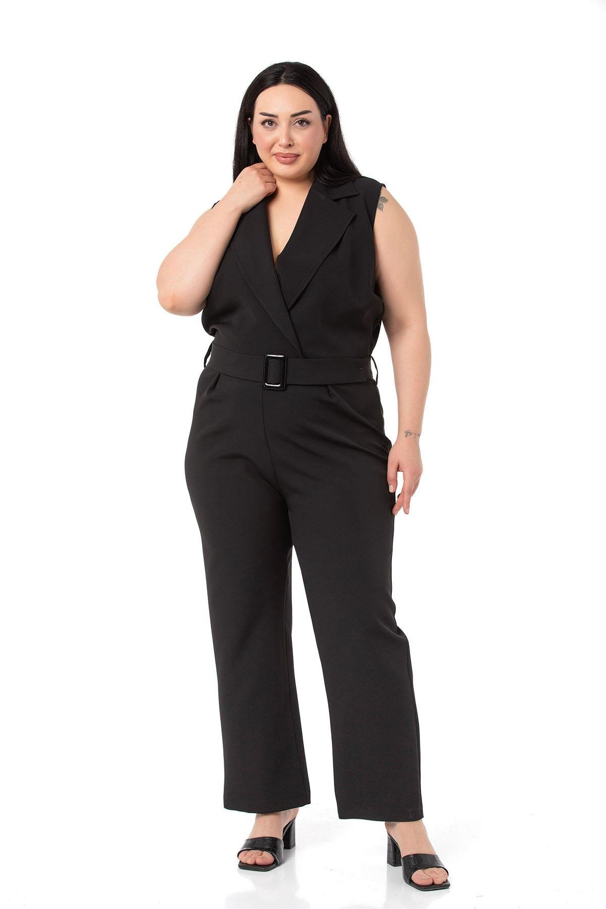 TulumDISENTIS MODEST GENC BUYUK BEDEN KRUVAZE TULUMDISENTIS MODESTBüyük Beden Kruvaze Beli Lastikli Fermuar Kapamalı Kemerli Siyah Tulum