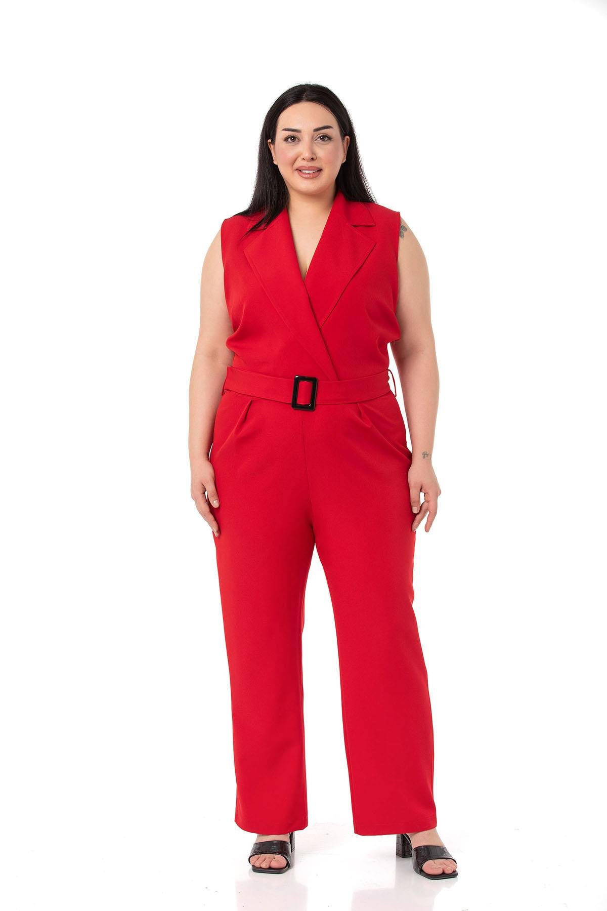 TulumDISENTIS MODEST GENC BUYUK BEDEN KRUVAZE TULUMDISENTIS MODESTBüyük Beden Kruvaze Beli Lastikli Fermuar Kapamalı Kemerli Kırmızı Tulum