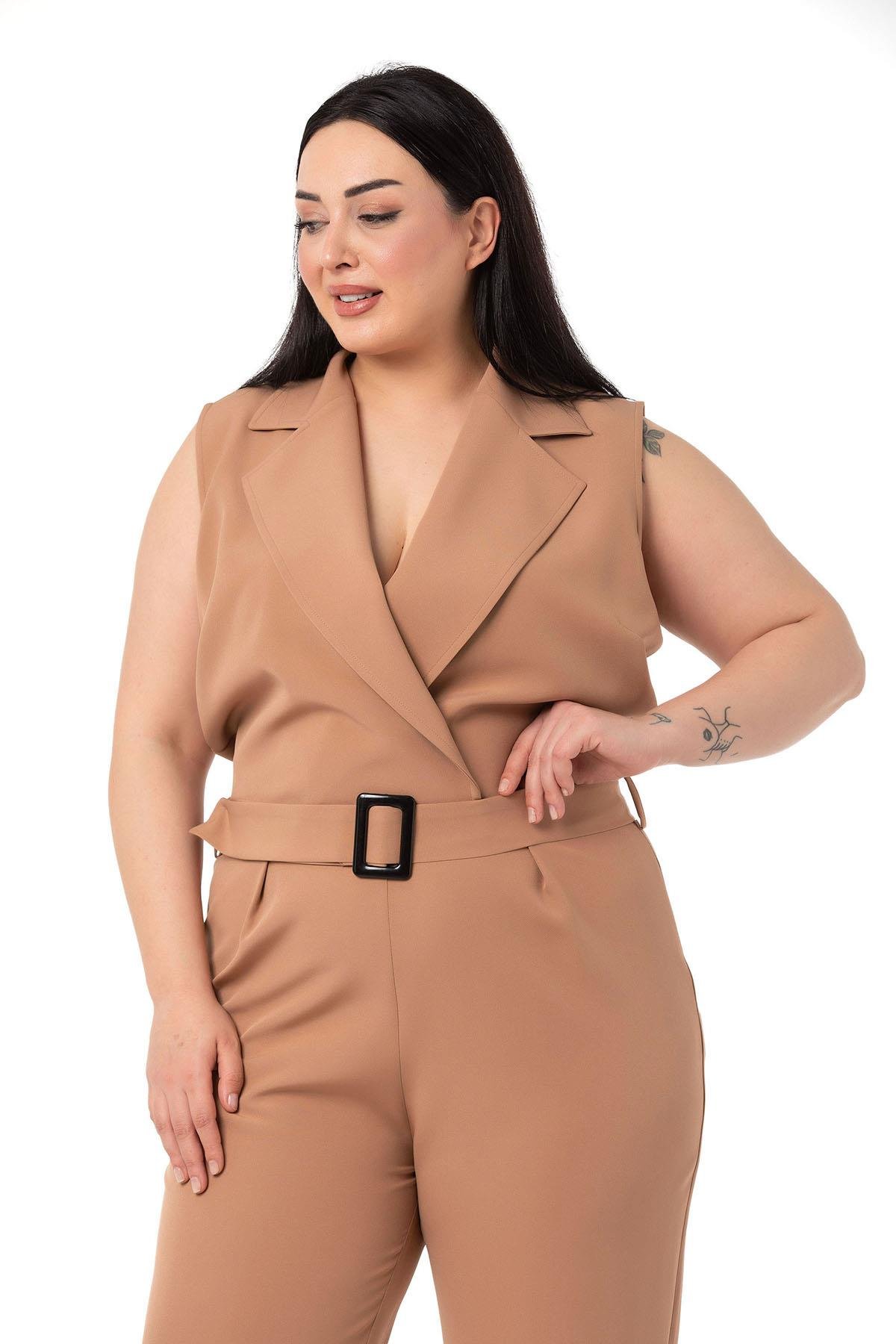 TulumDISENTIS MODEST GENC BUYUK BEDEN KRUVAZE TULUMDISENTIS MODESTBüyük Beden Kruvaze Beli Lastikli Fermuar Kapamalı Kemerli Vizon Tulum