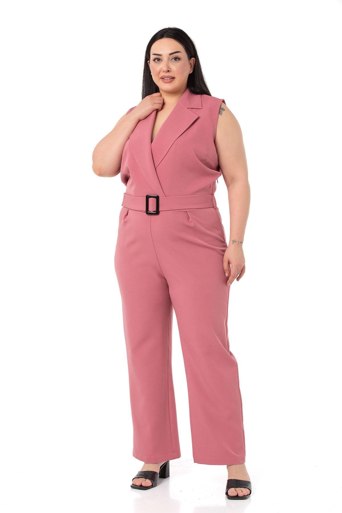 Jump suitsDISENTIS MODEST GENC BUYUK BEDEN KRUVAZE TULUMDISENTIS MODESTBüyük Beden Kruvaze Beli Lastikli Fermuar Kapamalı Kemerli Gül Kurusu Tulum