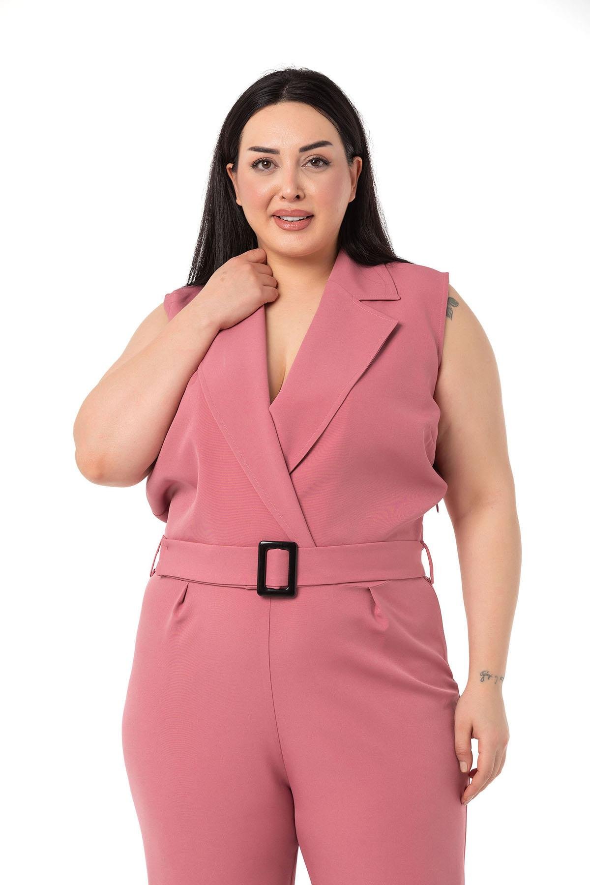 Jump suitsDISENTIS MODEST GENC BUYUK BEDEN KRUVAZE TULUMDISENTIS MODESTBüyük Beden Kruvaze Beli Lastikli Fermuar Kapamalı Kemerli Gül Kurusu Tulum