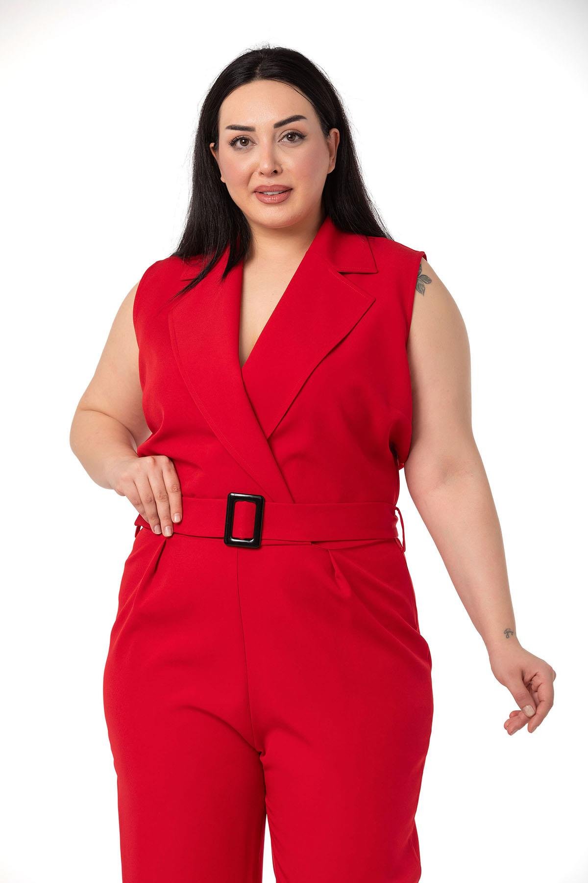 TulumDISENTIS MODEST GENC BUYUK BEDEN KRUVAZE TULUMDISENTIS MODESTBüyük Beden Kruvaze Beli Lastikli Fermuar Kapamalı Kemerli Kırmızı Tulum