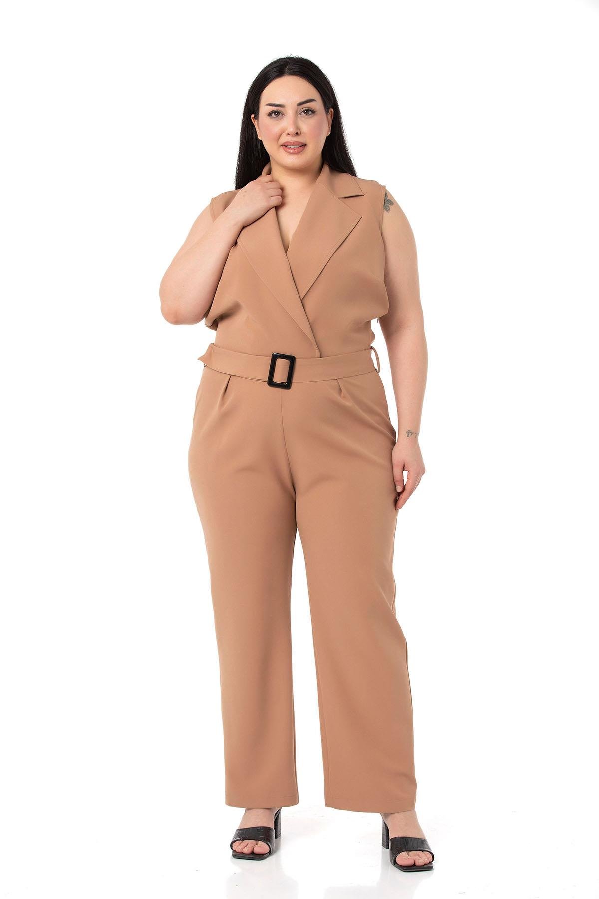 TulumDISENTIS MODEST GENC BUYUK BEDEN KRUVAZE TULUMDISENTIS MODESTBüyük Beden Kruvaze Beli Lastikli Fermuar Kapamalı Kemerli Vizon Tulum