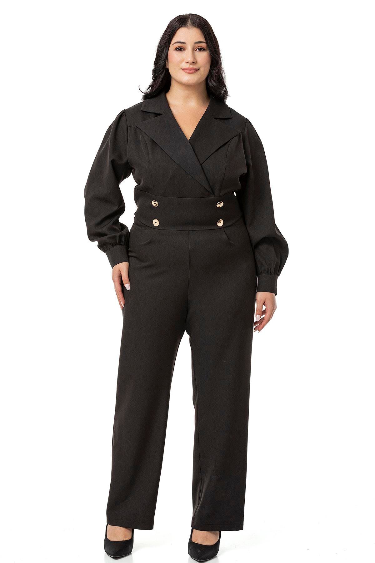 TULUMDisentis Modest Büyük Beden Kruvaze Yaka Metal Düğmeli Fermuarlı Siyah TulumDISENTIS MODESTBüyük Beden Kruvaze Yaka Metal Düğmeli Fermuarlı Siyah Tulum