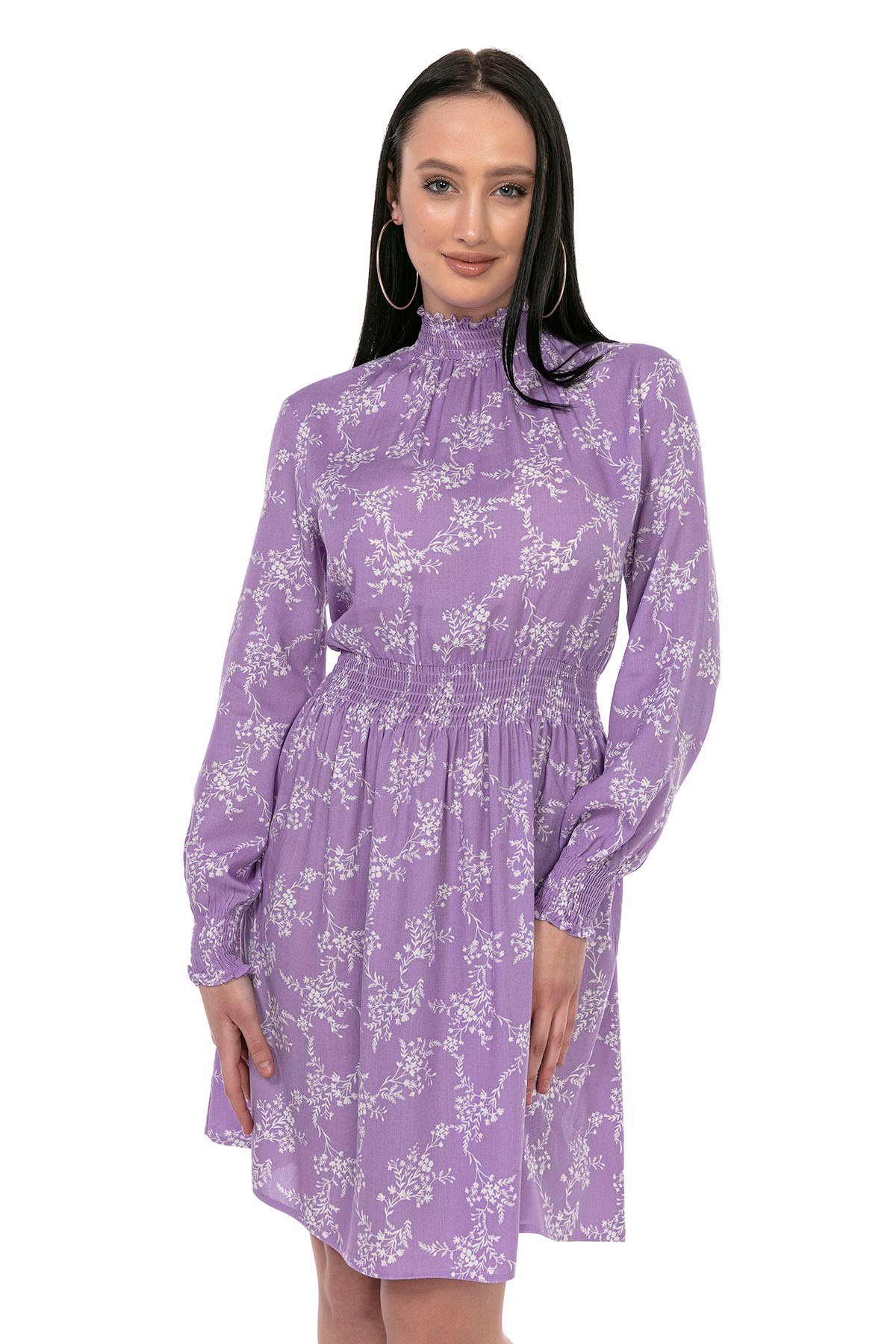 Yakası Kolları ve Beli Gipeli Küçük Çiçekli Lila Tunik Elbise