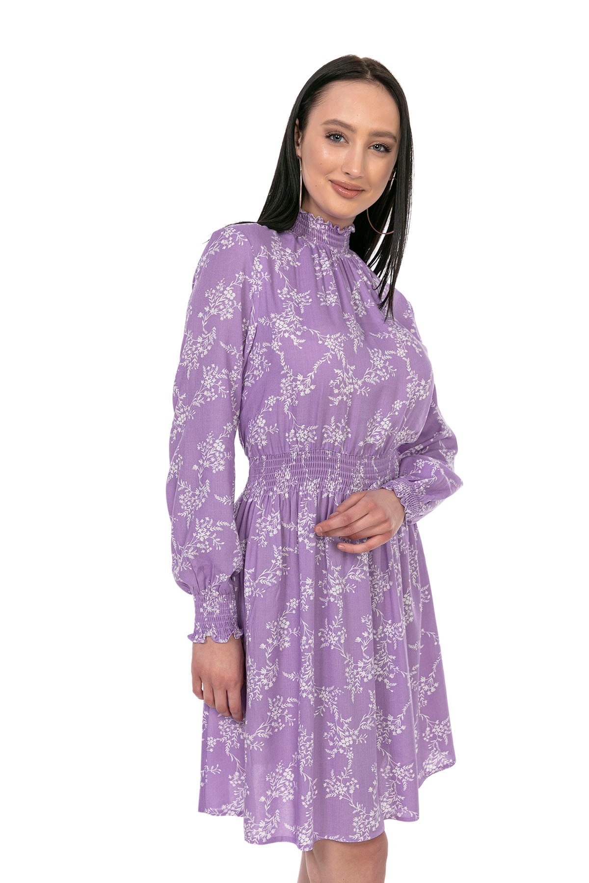 Yakası Kolları ve Beli Gipeli Küçük Çiçekli Lila Tunik Elbise