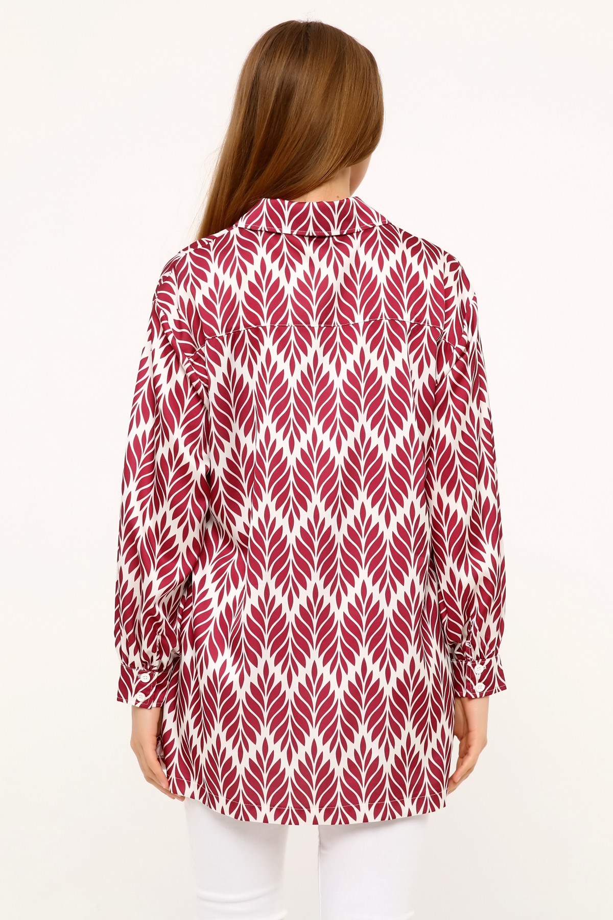 Yaprak Desenli Gömlek Yaka Manşetli Bordo Kadın Gömlek