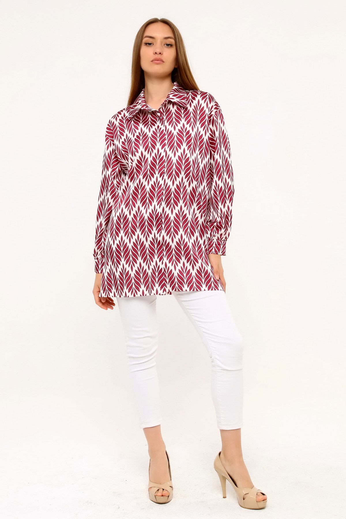 Yaprak Desenli Gömlek Yaka Manşetli Bordo Kadın Gömlek