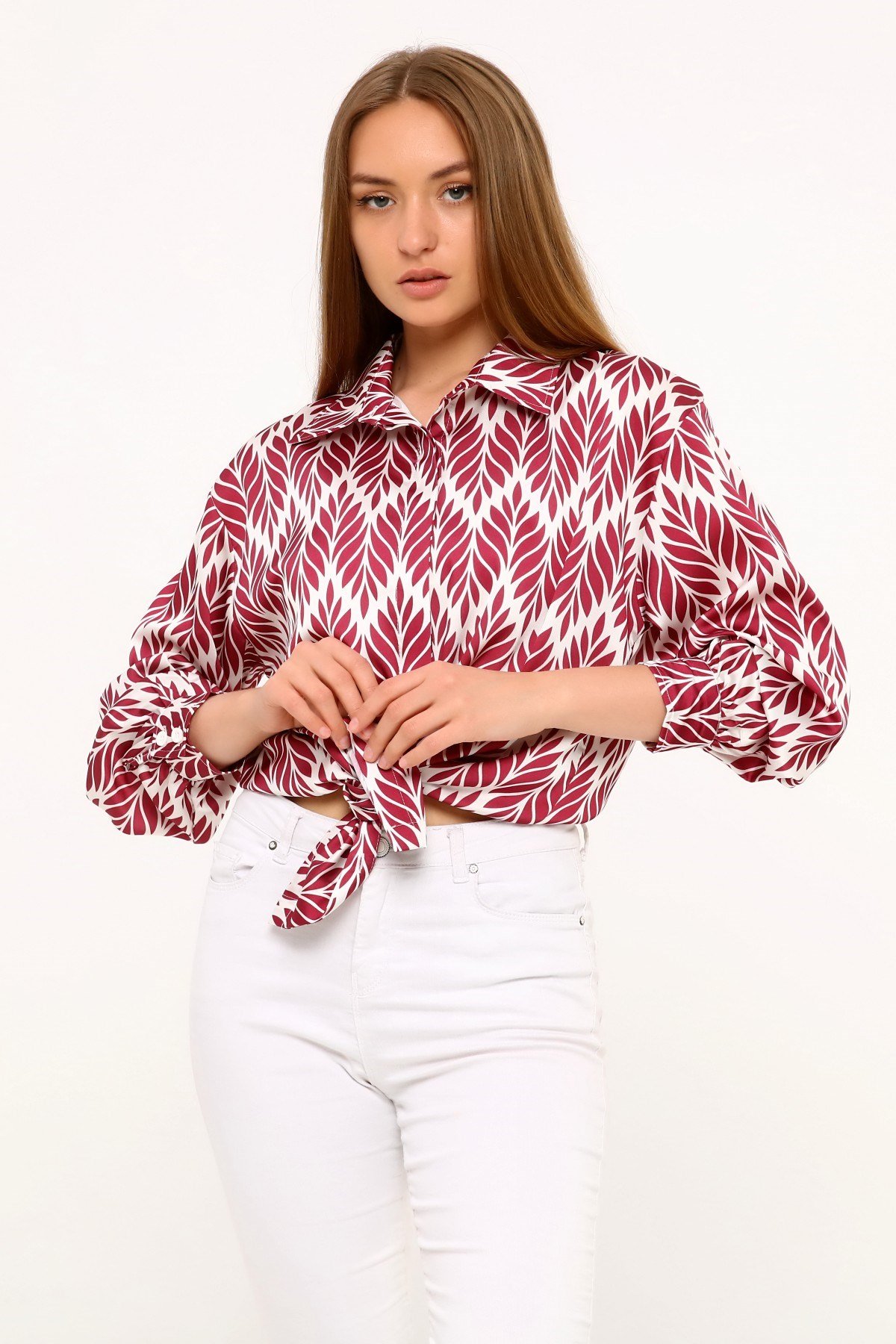 Yaprak Desenli Gömlek Yaka Manşetli Bordo Kadın Gömlek
