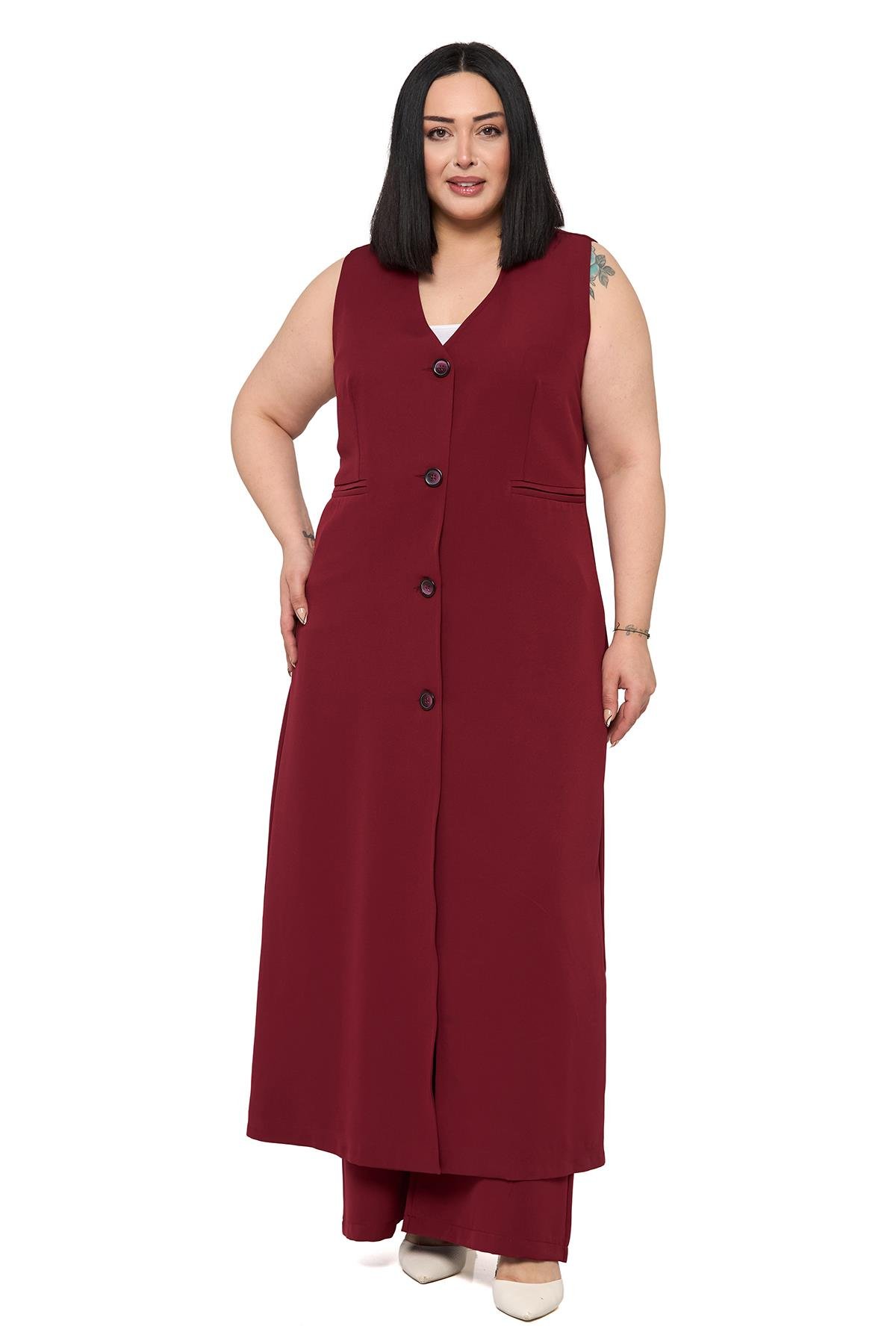 Yelek | Pantolon TakımlarDisentis Modest Büyük Beden Maxi Yelek Pantolon Bordo İkili TakımDISENTIS MODESTBüyük Beden Maxi Yelek Pantolon Bordo İkili Takım