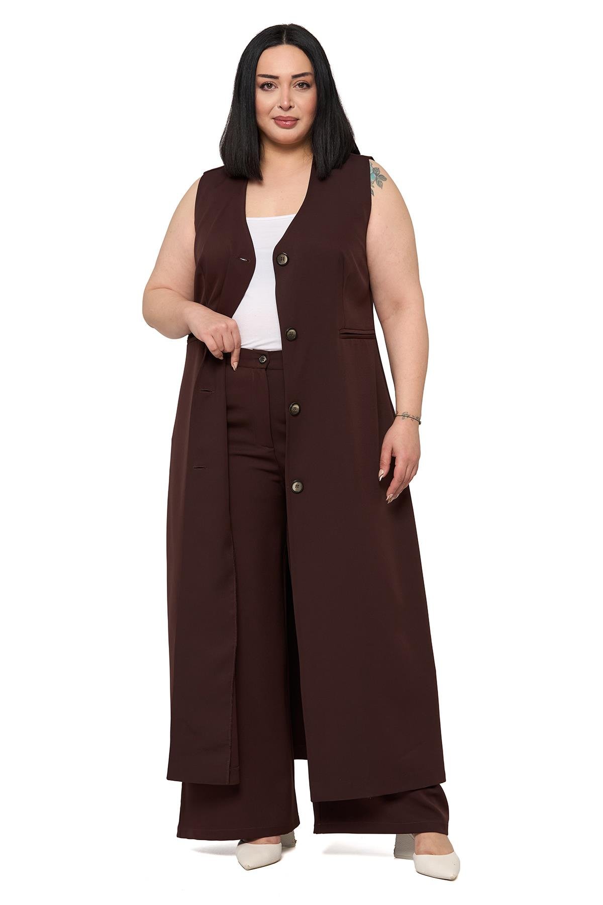 Yelek | Pantolon TakımlarDisentis Modest Büyük Beden Maxi Yelek Pantolon Kahverengi İkili TakımDISENTIS MODESTBüyük Beden Maxi Yelek Pantolon Kahverengi İkili Takım