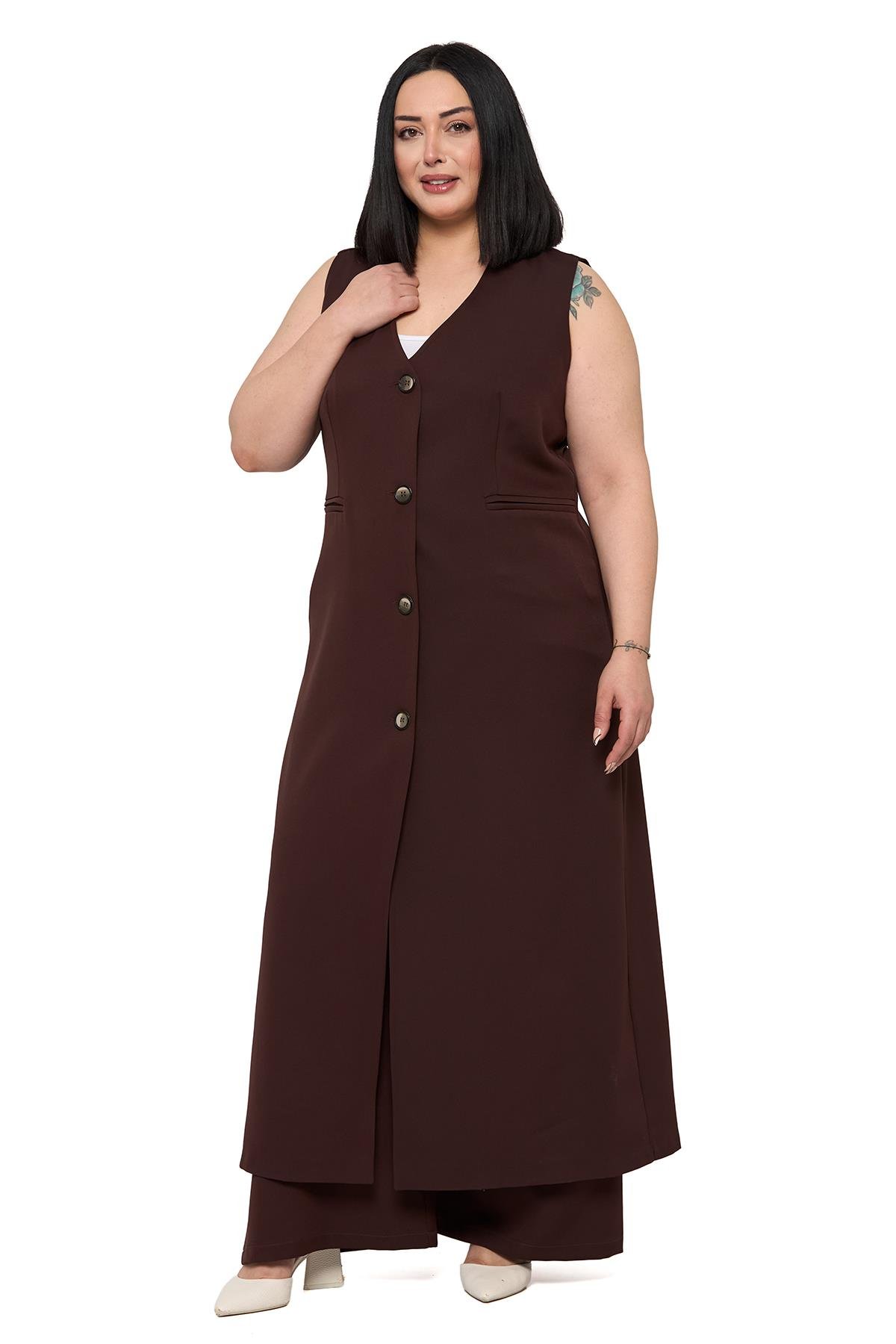 Yelek | Pantolon TakımlarDisentis Modest Büyük Beden Maxi Yelek Pantolon Kahverengi İkili TakımDISENTIS MODESTBüyük Beden Maxi Yelek Pantolon Kahverengi İkili Takım