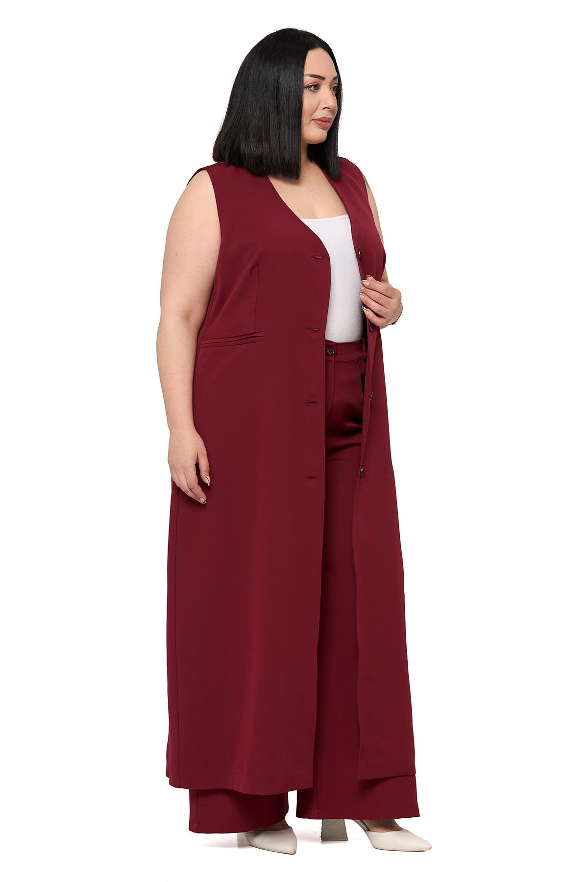 Yelek | Pantolon TakımlarDisentis Modest Büyük Beden Maxi Yelek Pantolon Bordo İkili TakımDISENTIS MODESTBüyük Beden Maxi Yelek Pantolon Bordo İkili Takım