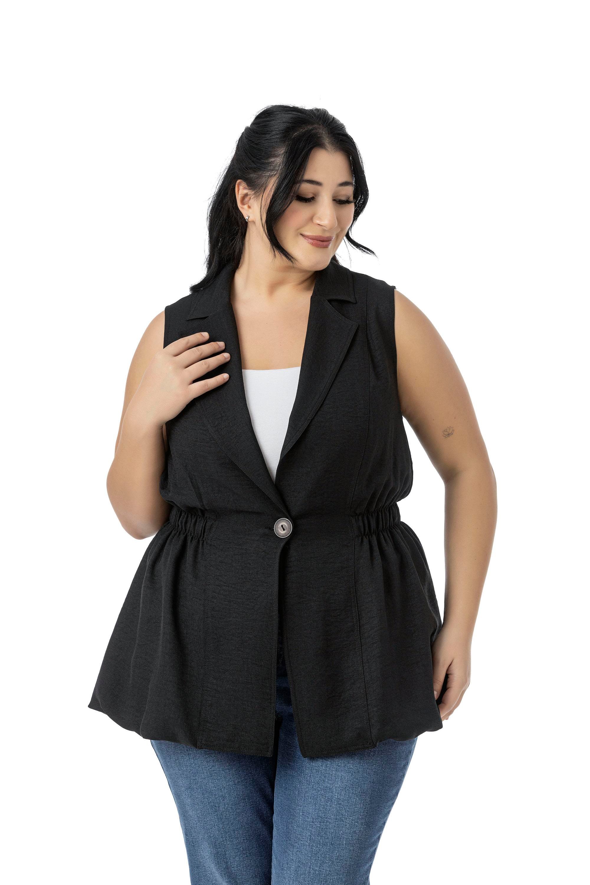 VestsDisentis Modest Büyük Beden Beli Lastik Detaylı Eteği Balon Kesim Düğmeli Astarlı Siyah YelekDISENTIS MODESTBüyük Beden Beli Lastik Detaylı Eteği Balon Kesim Düğmeli Astarlı Siyah Yelek