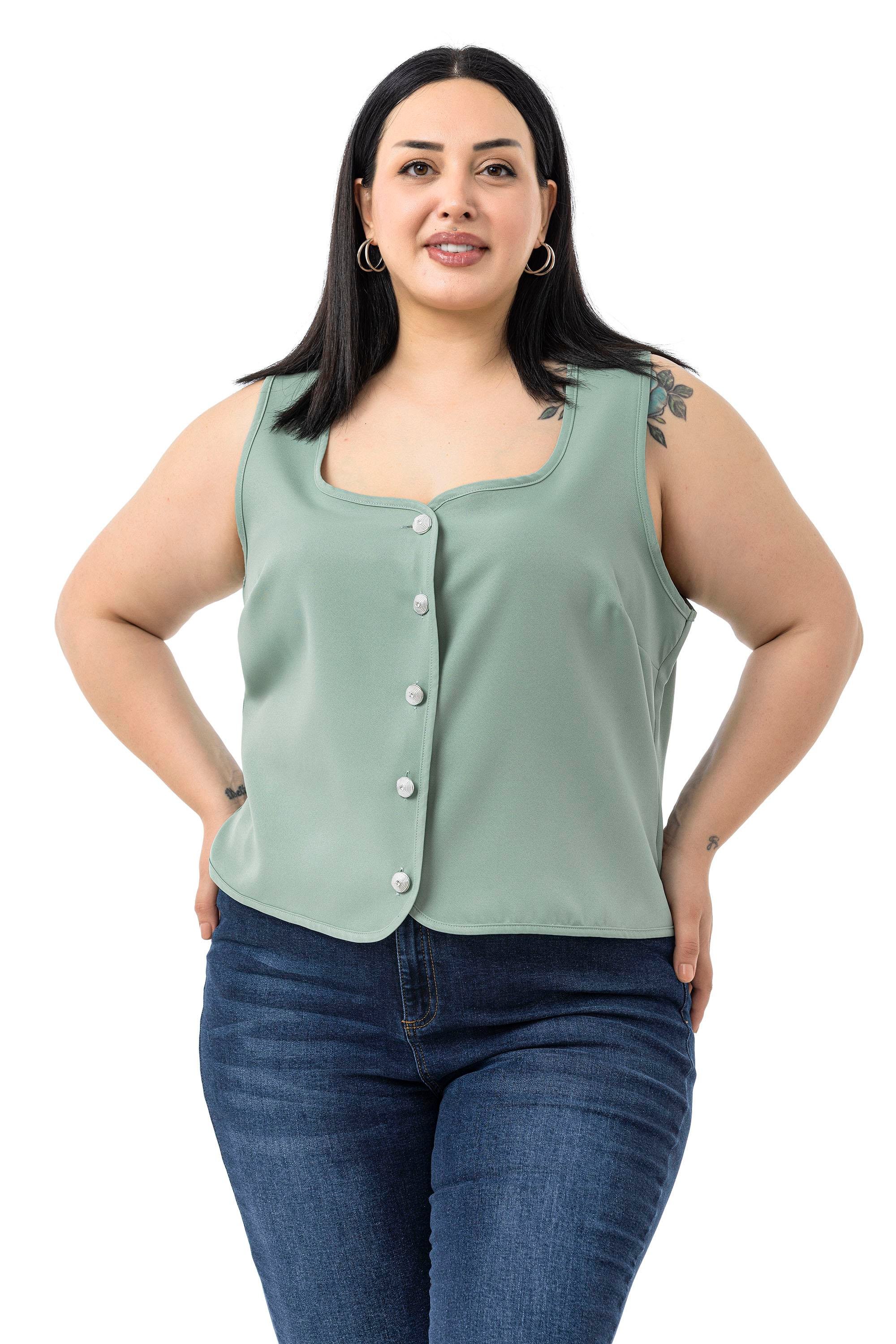 VestsDisentis Modest Büyük Beden Düğme Detaylı Çağla Yeşili Bluzan YelekDISENTIS MODESTBüyük Beden Düğme Detaylı Çağla Yeşili Bluzan Yelek