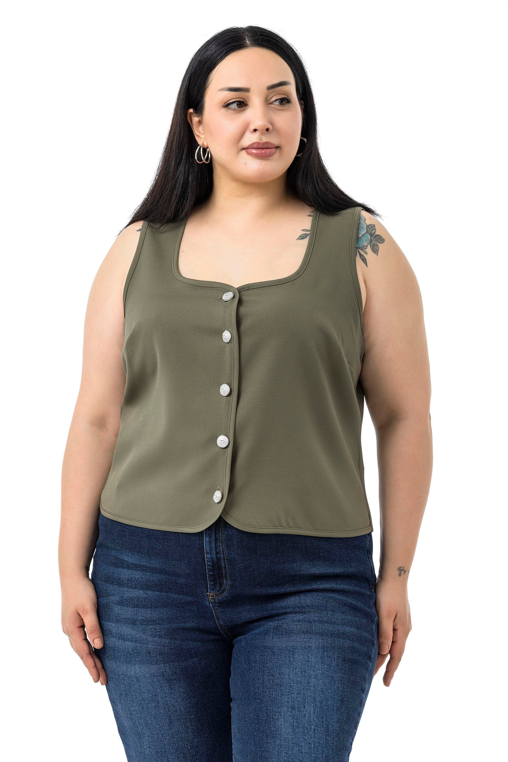 VestsDisentis Modest Büyük Beden Düğme Detaylı Haki Bluzan YelekDISENTIS MODESTBüyük Beden Düğme Detaylı Haki Bluzan Yelek