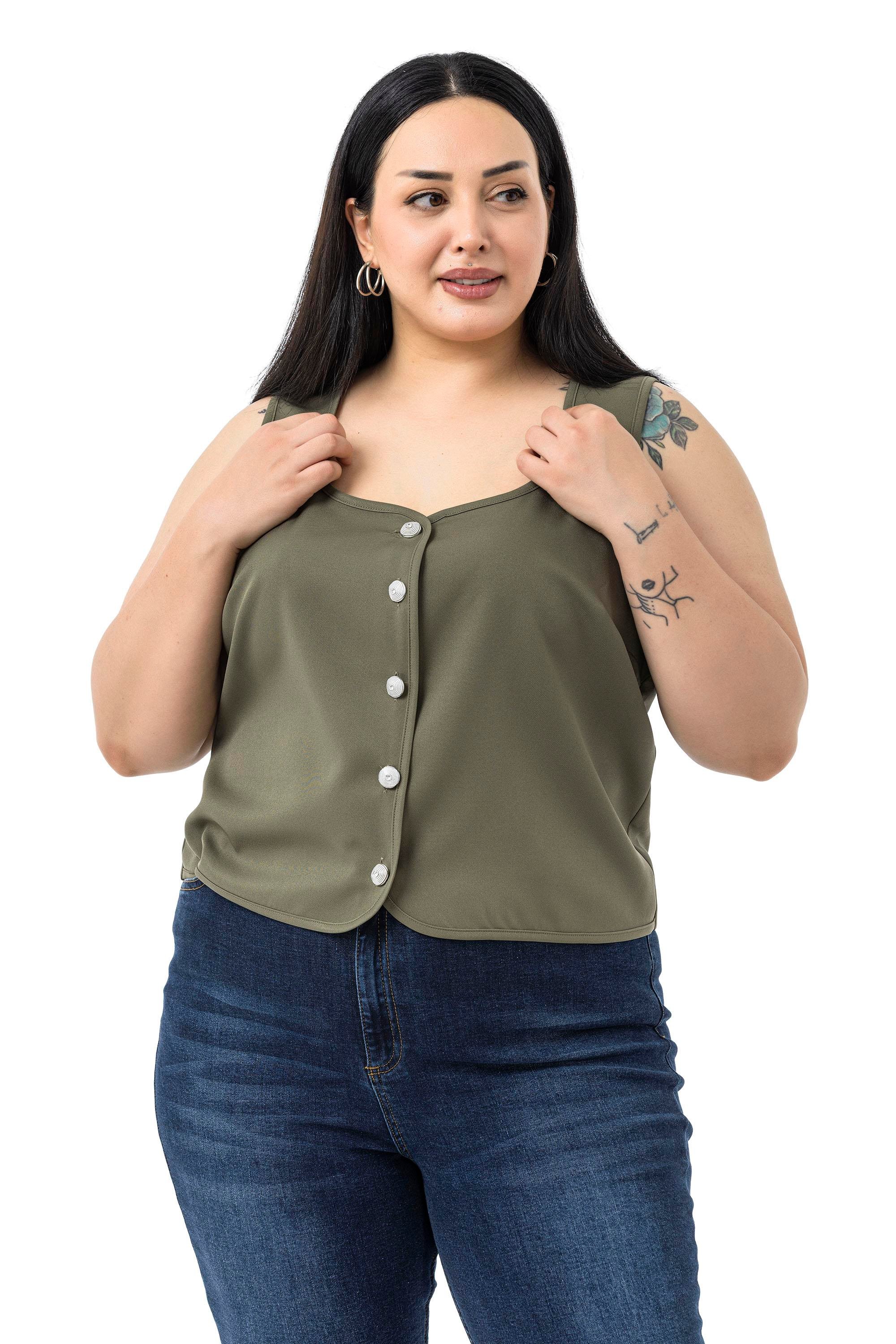 VestsDisentis Modest Büyük Beden Düğme Detaylı Haki Bluzan YelekDISENTIS MODESTBüyük Beden Düğme Detaylı Haki Bluzan Yelek