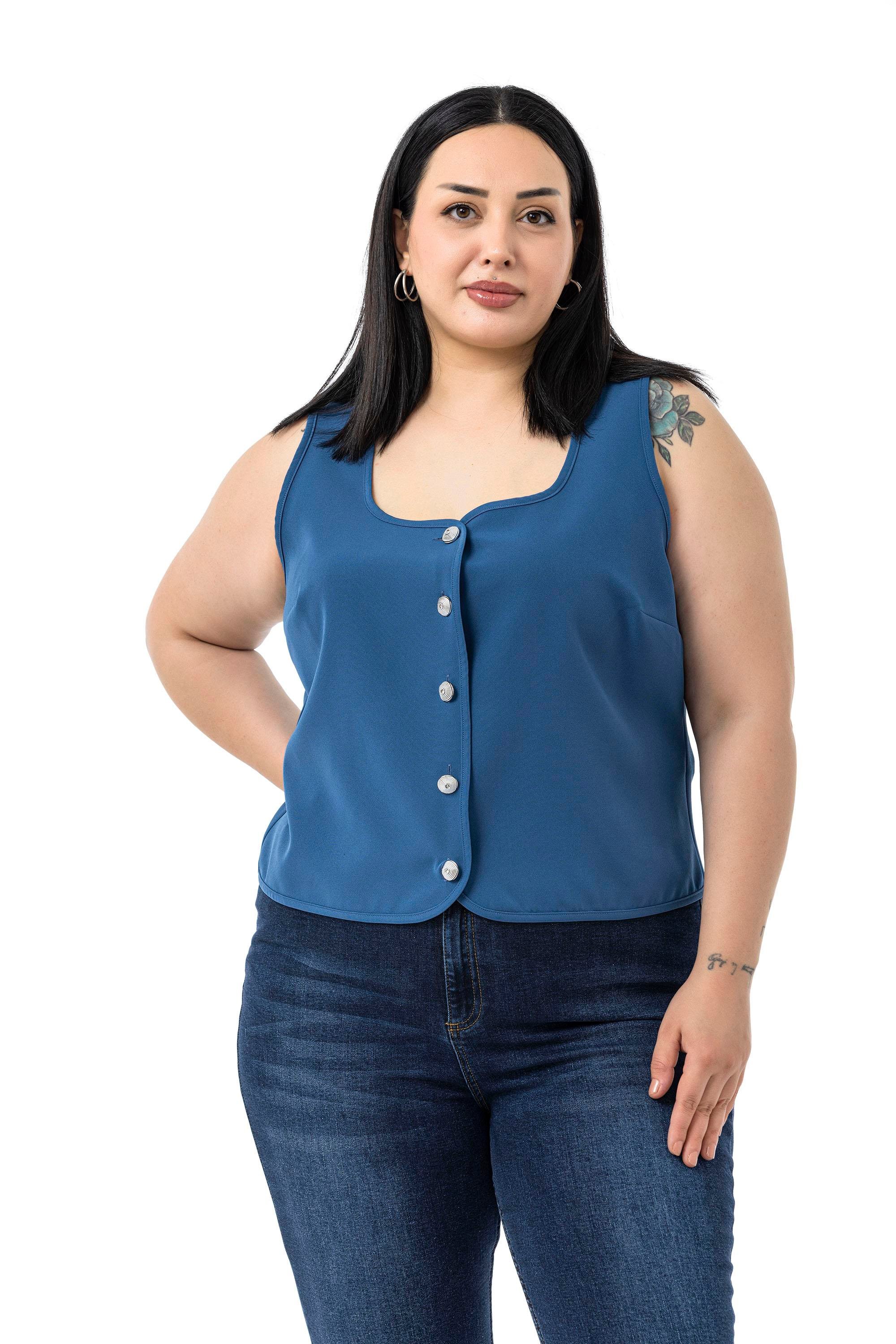VestsDisentis Modest Büyük Beden Düğme Detaylı İndigo Bluzan YelekDISENTIS MODESTBüyük Beden Düğme Detaylı İndigo Bluzan Yelek