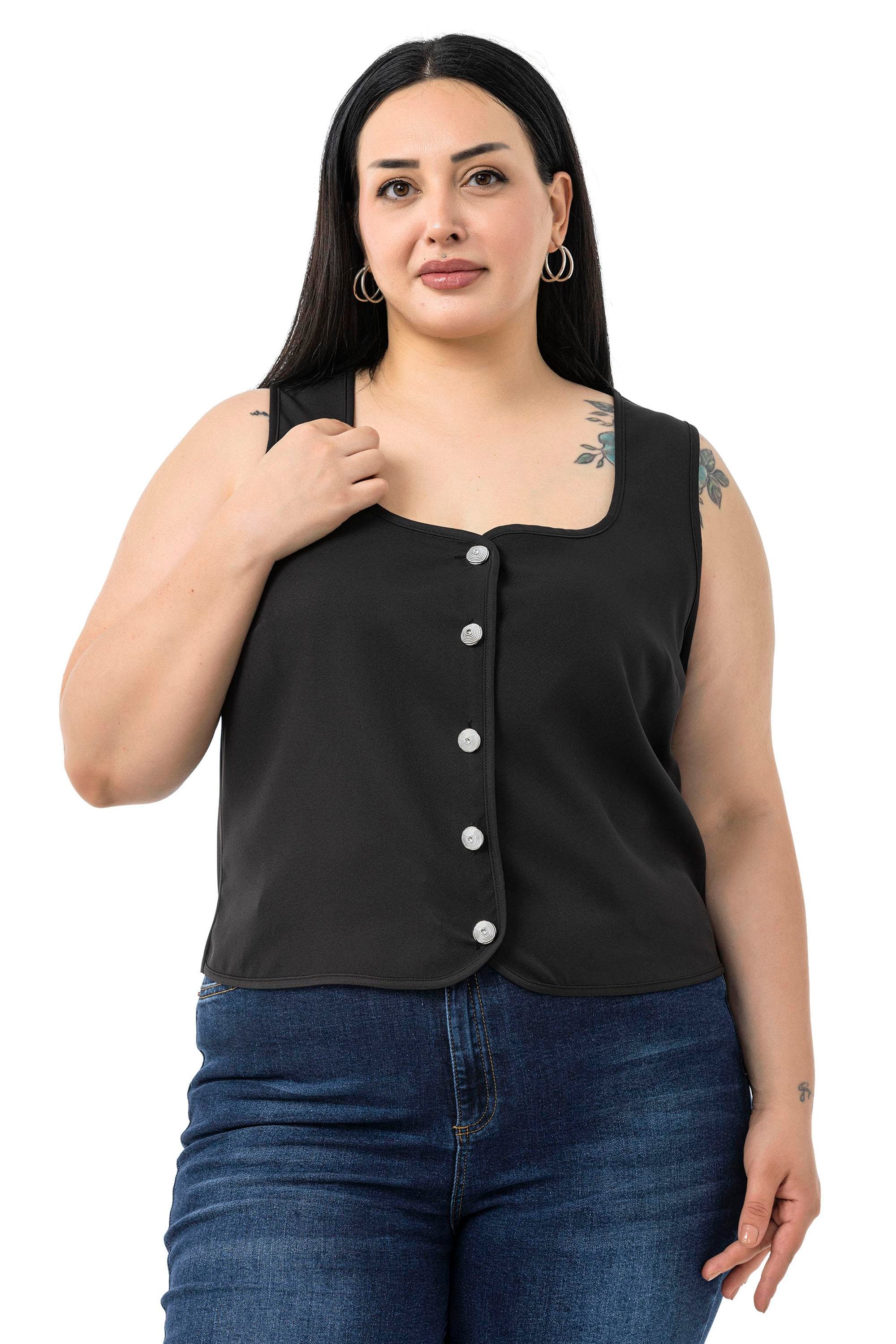 VestsDisentis Modest Büyük Beden Düğme Detaylı Siyah Bluzan YelekDISENTIS MODESTBüyük Beden Düğme Detaylı Siyah Bluzan Yelek