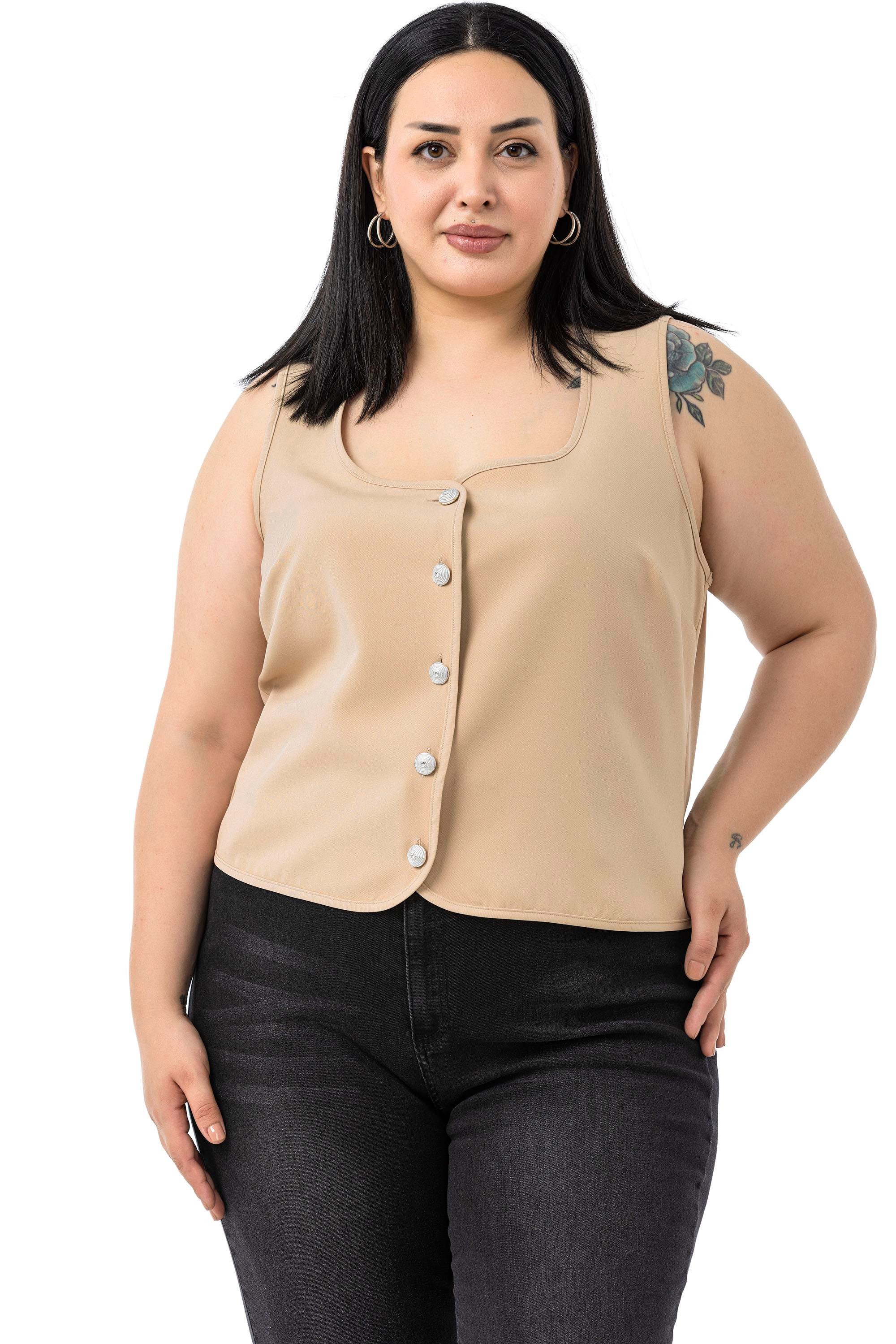 VestsDisentis Modest Büyük Beden Düğme Detaylı Vizon Bluzan YelekDISENTIS MODESTBüyük Beden Düğme Detaylı Vizon Bluzan Yelek