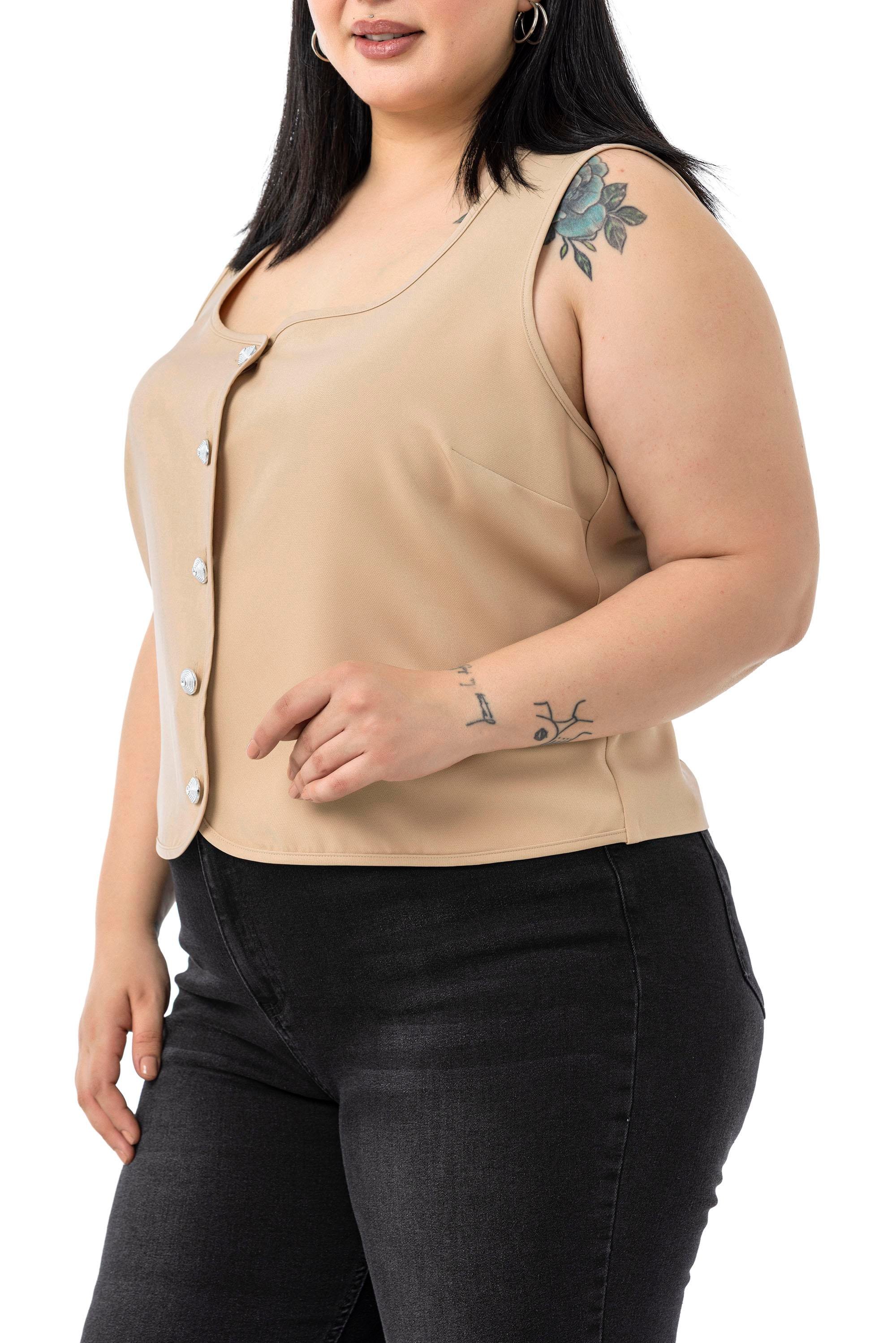 VestsDisentis Modest Büyük Beden Düğme Detaylı Vizon Bluzan YelekDISENTIS MODESTBüyük Beden Düğme Detaylı Vizon Bluzan Yelek