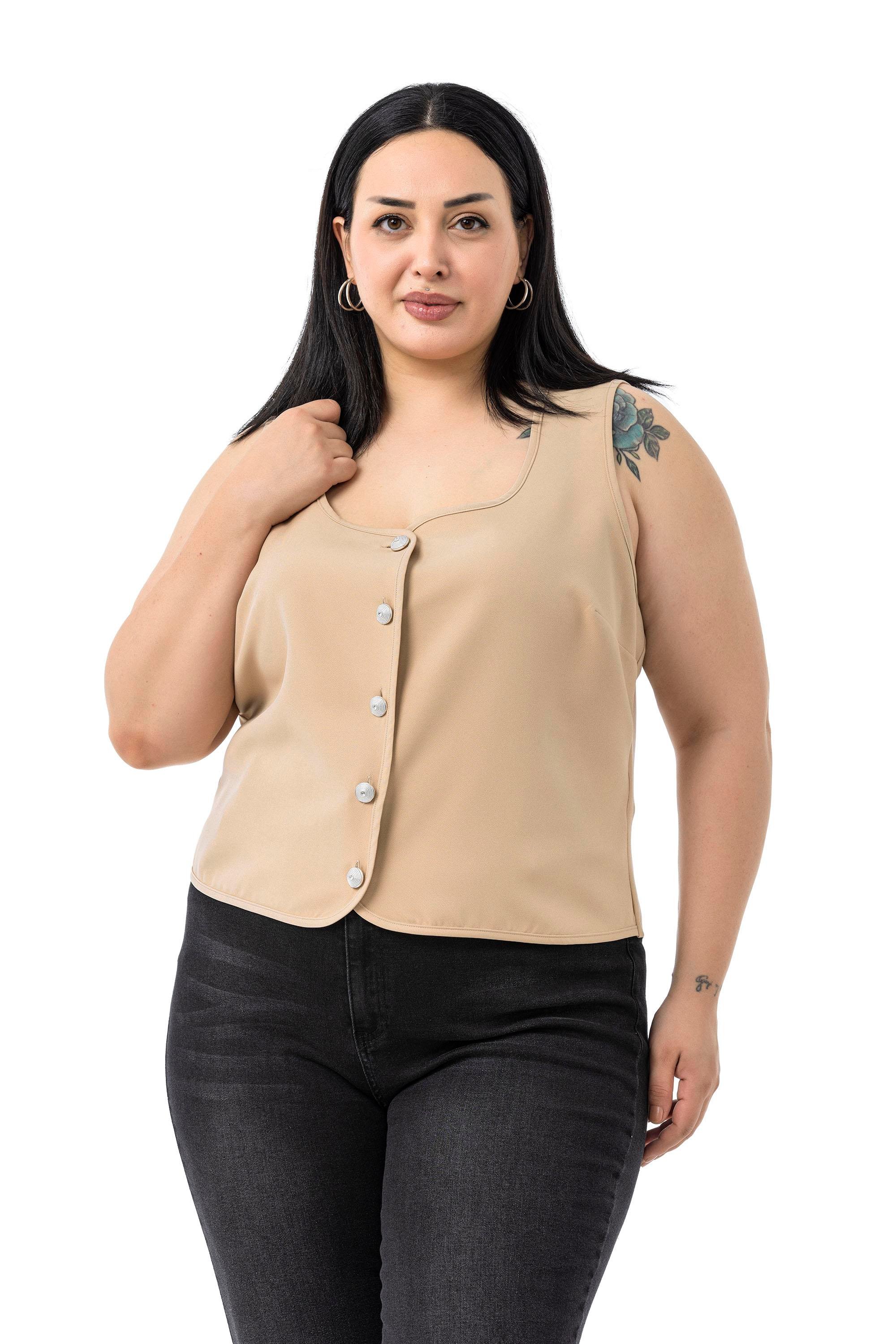 VestsDisentis Modest Büyük Beden Düğme Detaylı Vizon Bluzan YelekDISENTIS MODESTBüyük Beden Düğme Detaylı Vizon Bluzan Yelek