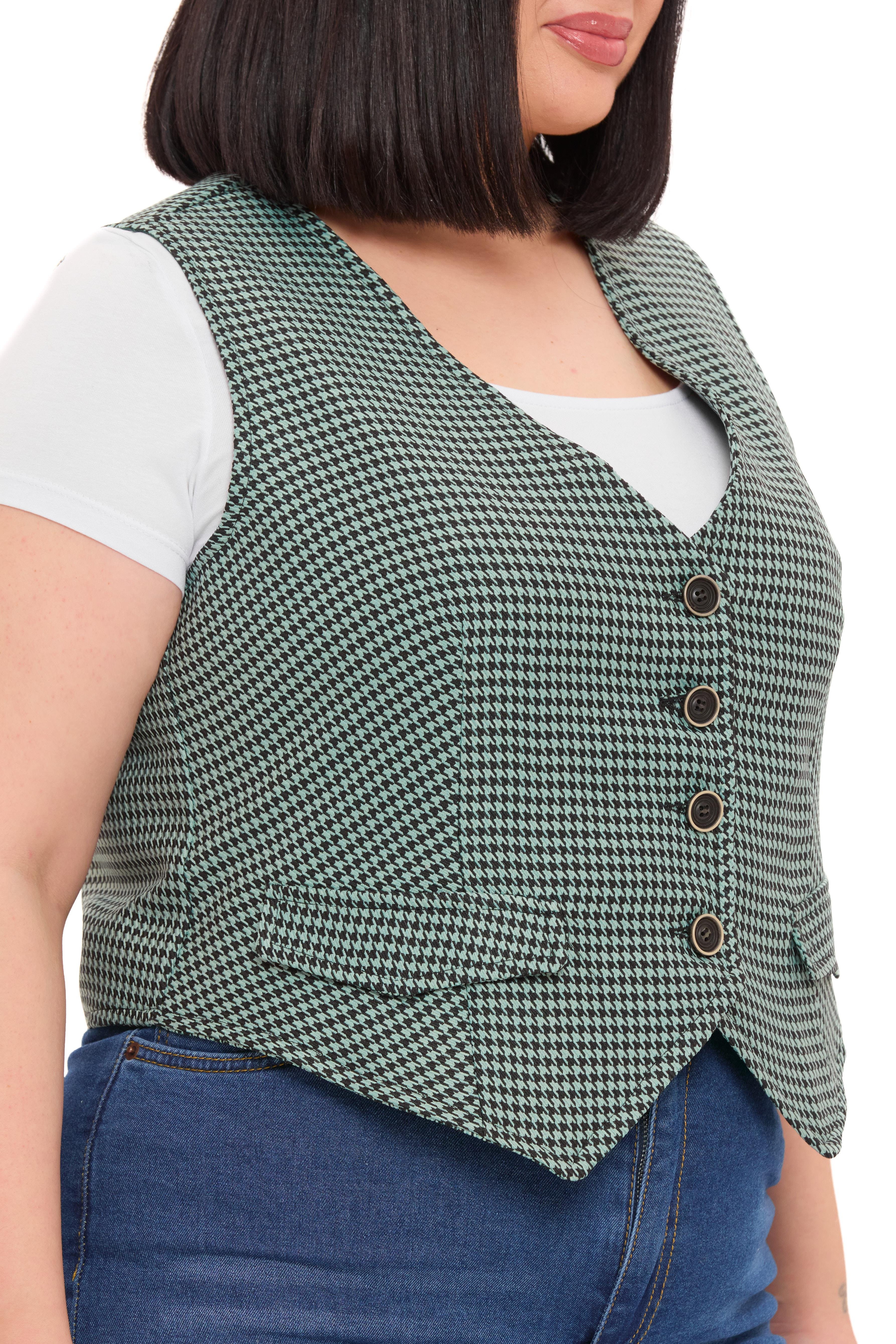 YelekDisentis Modest Büyük Beden Düğme Kapamalı Cep Kapaklı Astarlı Kısa Küçük Kazayağı Desenli Mint Yeşili YelekDISENTIS MODESTBüyük Beden Düğme Kapamalı Cep Kapaklı Astarlı Kısa Küçük Kazayağı Desenli Mint Yeşili Yelek