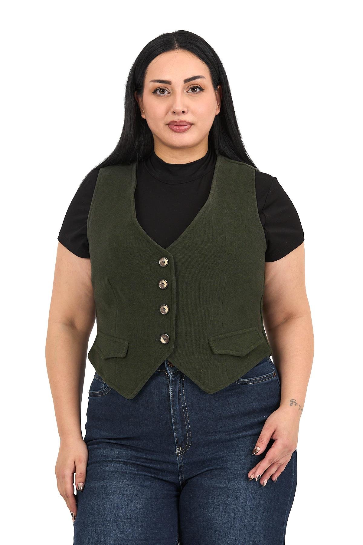 YelekDisentis Modest Büyük Beden Düğme Kapamalı Cep Kapaklı Astarlı Kısa Fitilli Haki YelekDISENTIS MODESTBüyük Beden Düğme Kapamalı Cep Kapaklı Astarlı Kısa Fitilli Haki Yelek