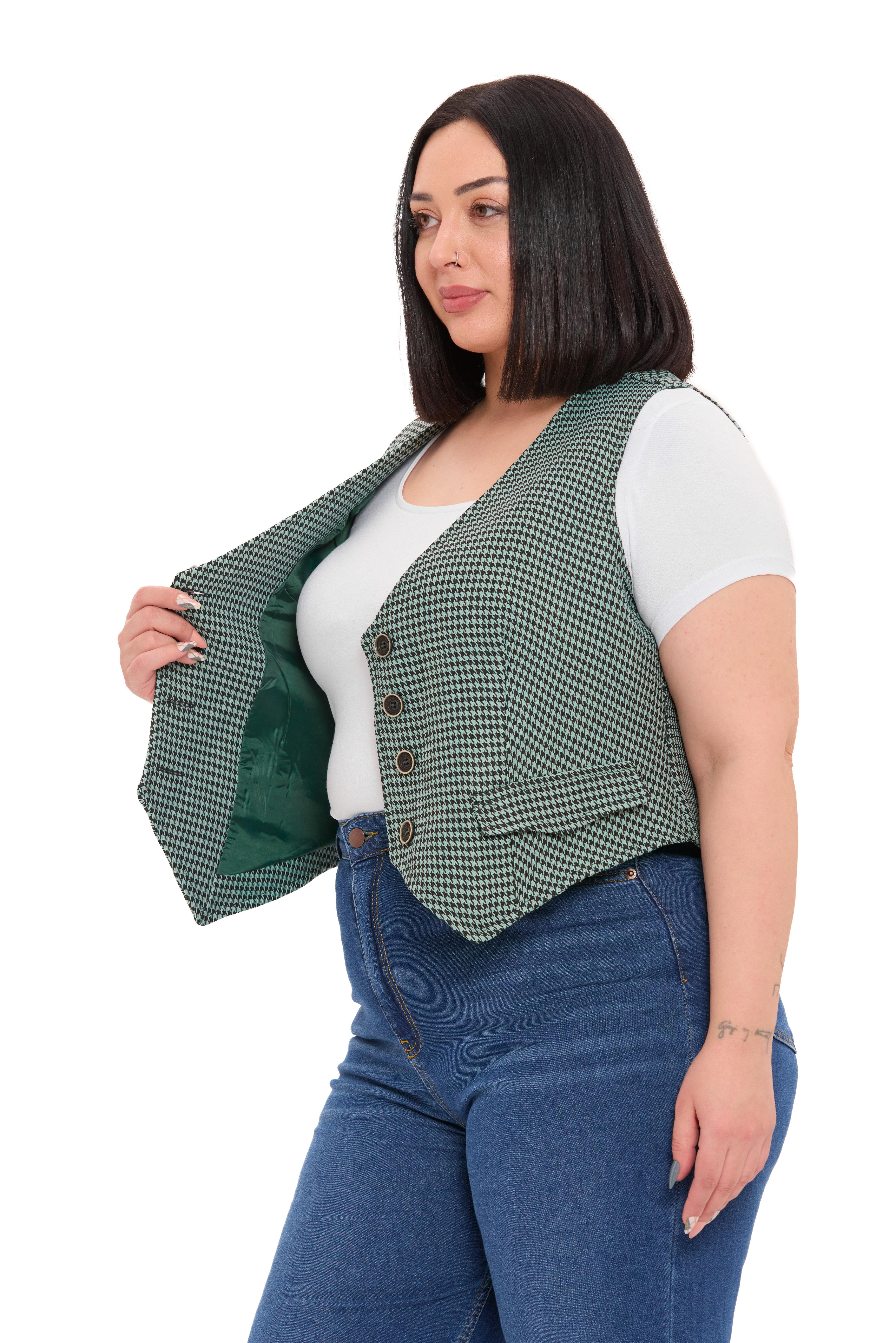 YelekDisentis Modest Büyük Beden Düğme Kapamalı Cep Kapaklı Astarlı Kısa Küçük Kazayağı Desenli Mint Yeşili YelekDISENTIS MODESTBüyük Beden Düğme Kapamalı Cep Kapaklı Astarlı Kısa Küçük Kazayağı Desenli Mint Yeşili Yelek