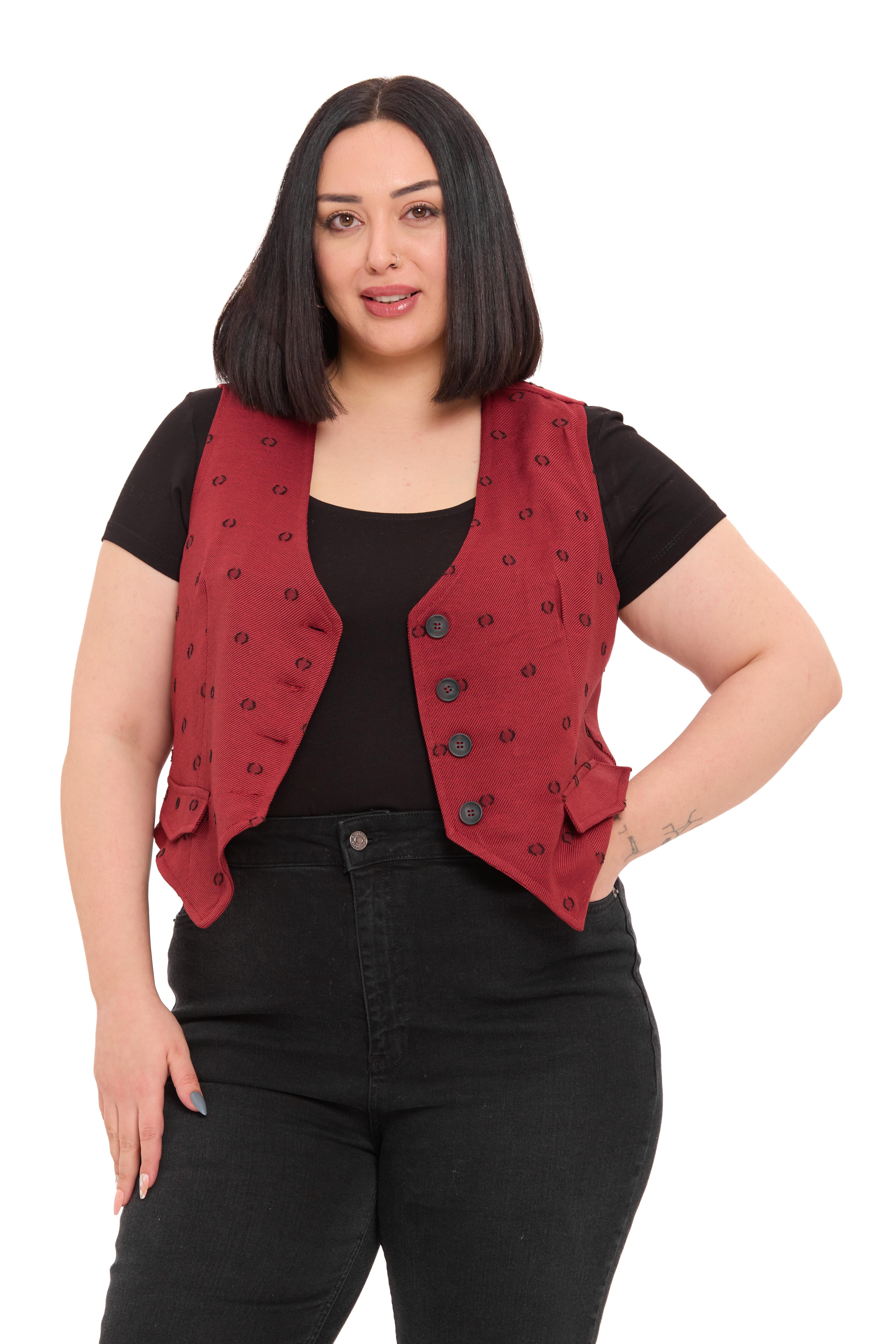 YelekDisentis Modest Büyük Beden Düğme Kapamalı Cep Kapaklı Astarlı Kısa Kesme Puanlı Bordo YelekDISENTIS MODESTBüyük Beden Düğme Kapamalı Cep Kapaklı Astarlı Kısa Kesme Puanlı Bordo Yelek