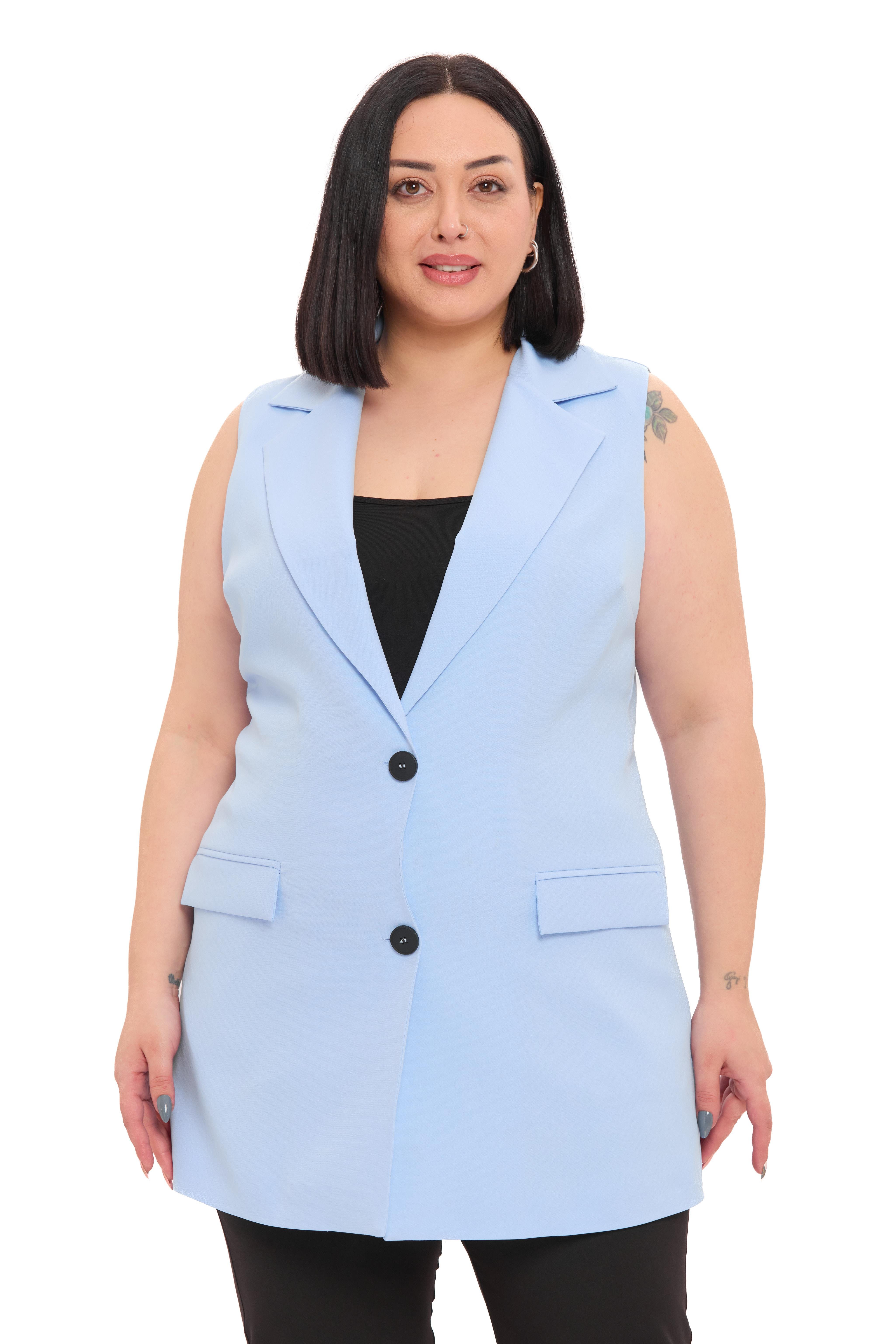 YelekDisentis Modest Büyük Beden Düğmeli Kapaklı Cepli Astarlı Uzun Bebe Mavi YelekDISENTIS MODESTBüyük Beden Düğmeli Kapaklı Cepli Astarlı Uzun Bebe Mavi Yelek