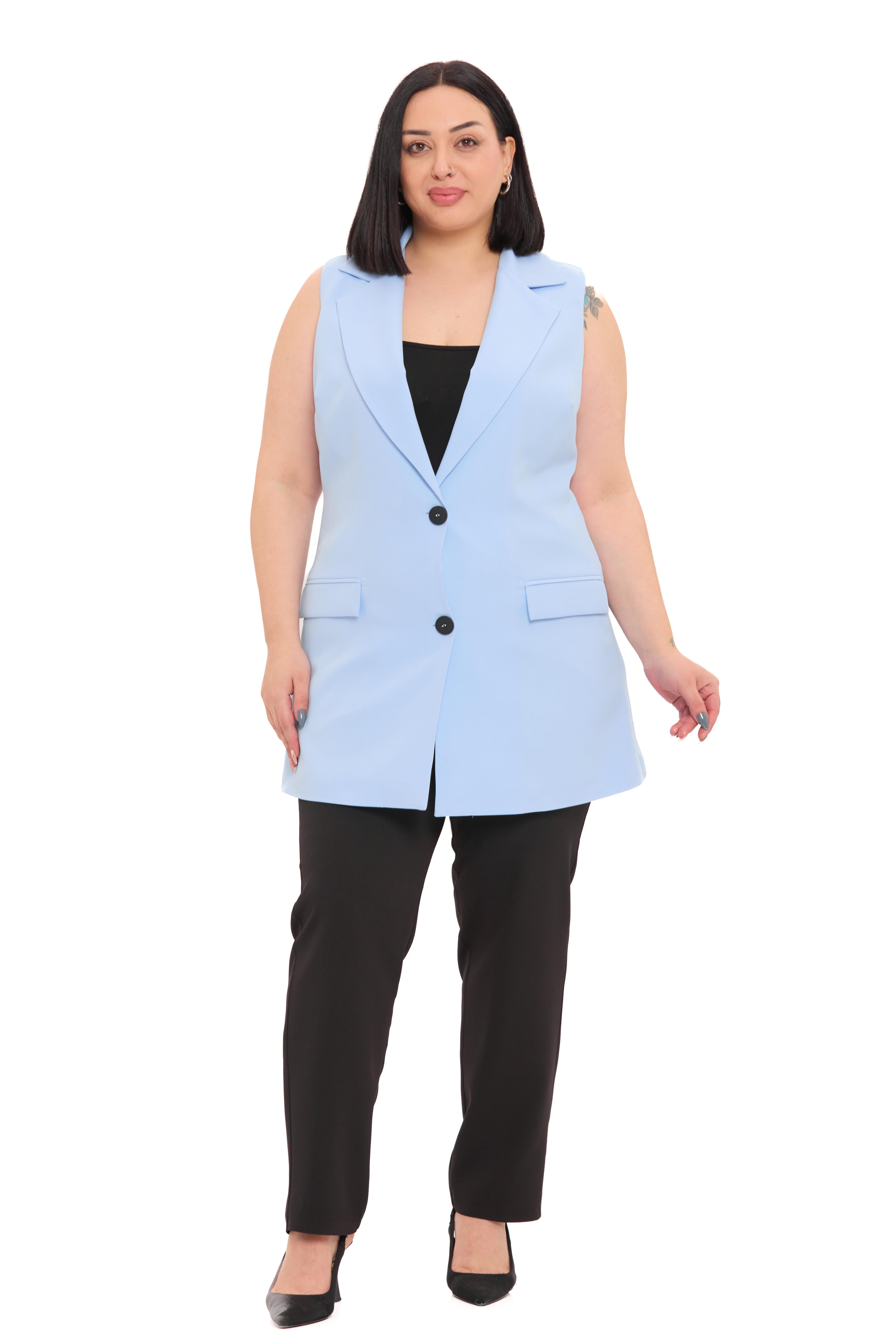 YelekDisentis Modest Büyük Beden Düğmeli Kapaklı Cepli Astarlı Uzun Bebe Mavi YelekDISENTIS MODESTBüyük Beden Düğmeli Kapaklı Cepli Astarlı Uzun Bebe Mavi Yelek