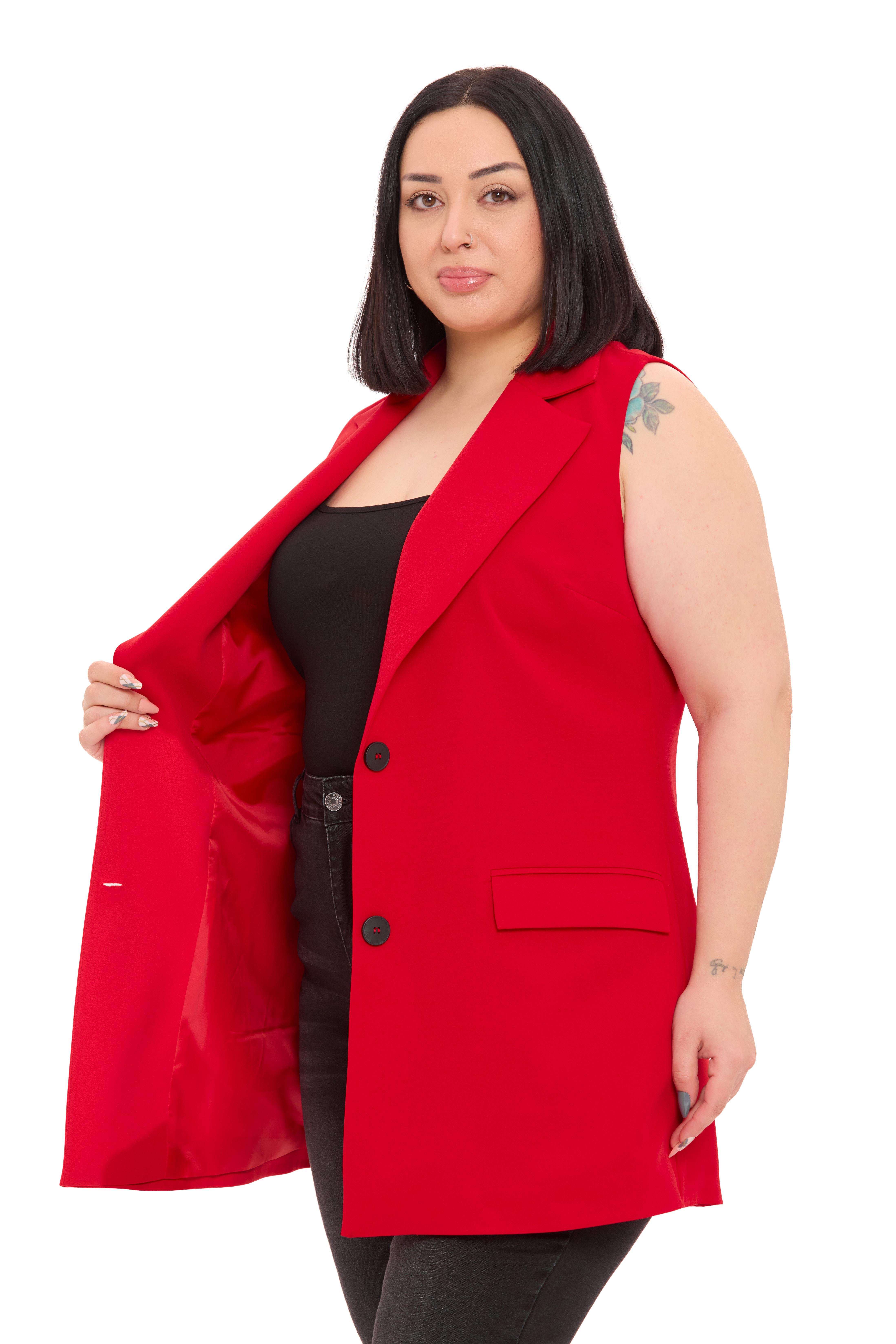 YelekDisentis Modest Büyük Beden Düğmeli Kapaklı Cepli Astarlı Uzun Kırmızı YelekDISENTIS MODESTBüyük Beden Düğmeli Kapaklı Cepli Astarlı Uzun Kırmızı Yelek